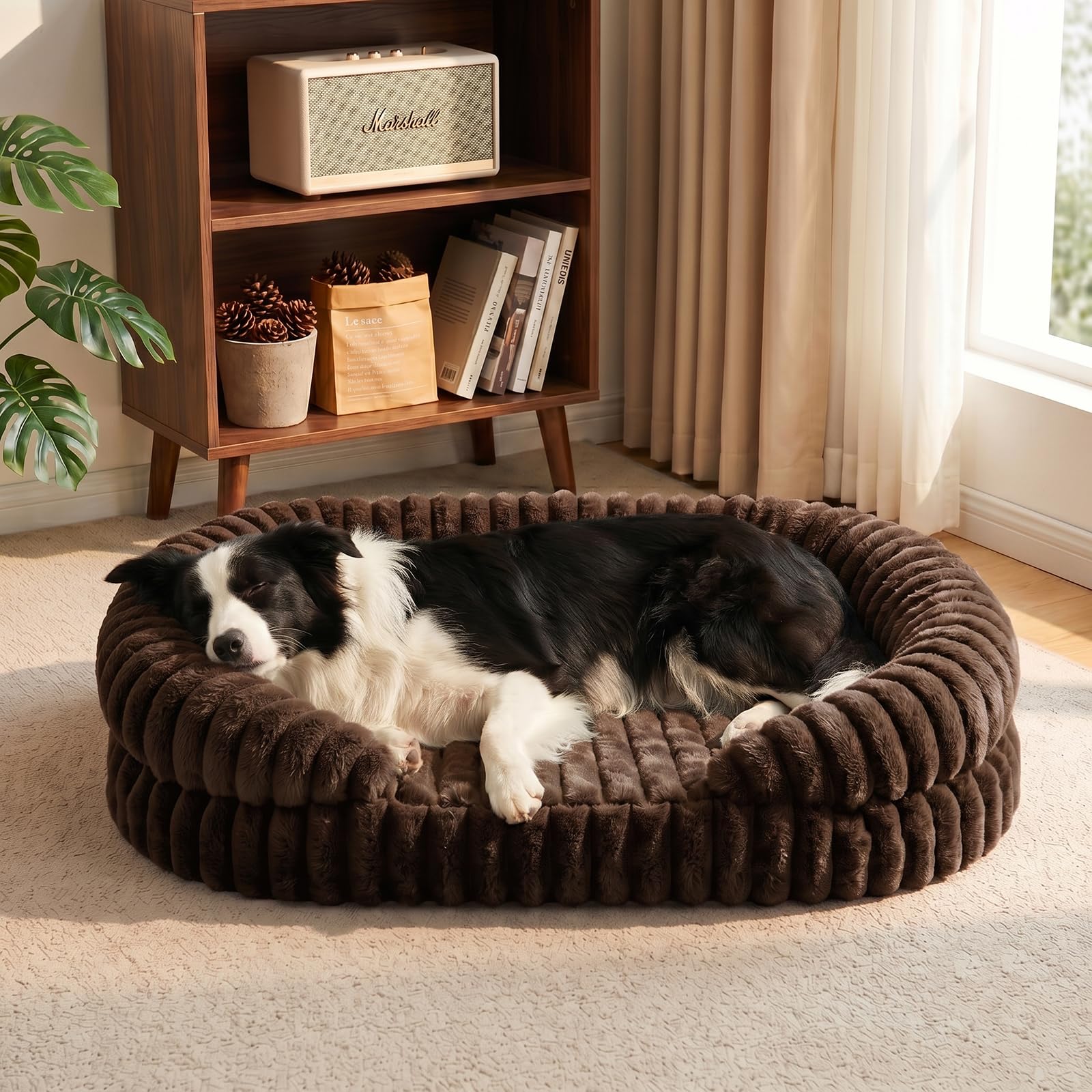 Woiil Large Dog Bed, Washable Orthopedic Dog Beds with Waterproof Removable Cover, Anti-Slip Bottom Dog Bed, Anti-Anxiety Pet Bed, Thick Supportive Dogs Sofa, 90x65x17cm, Coffee Brown