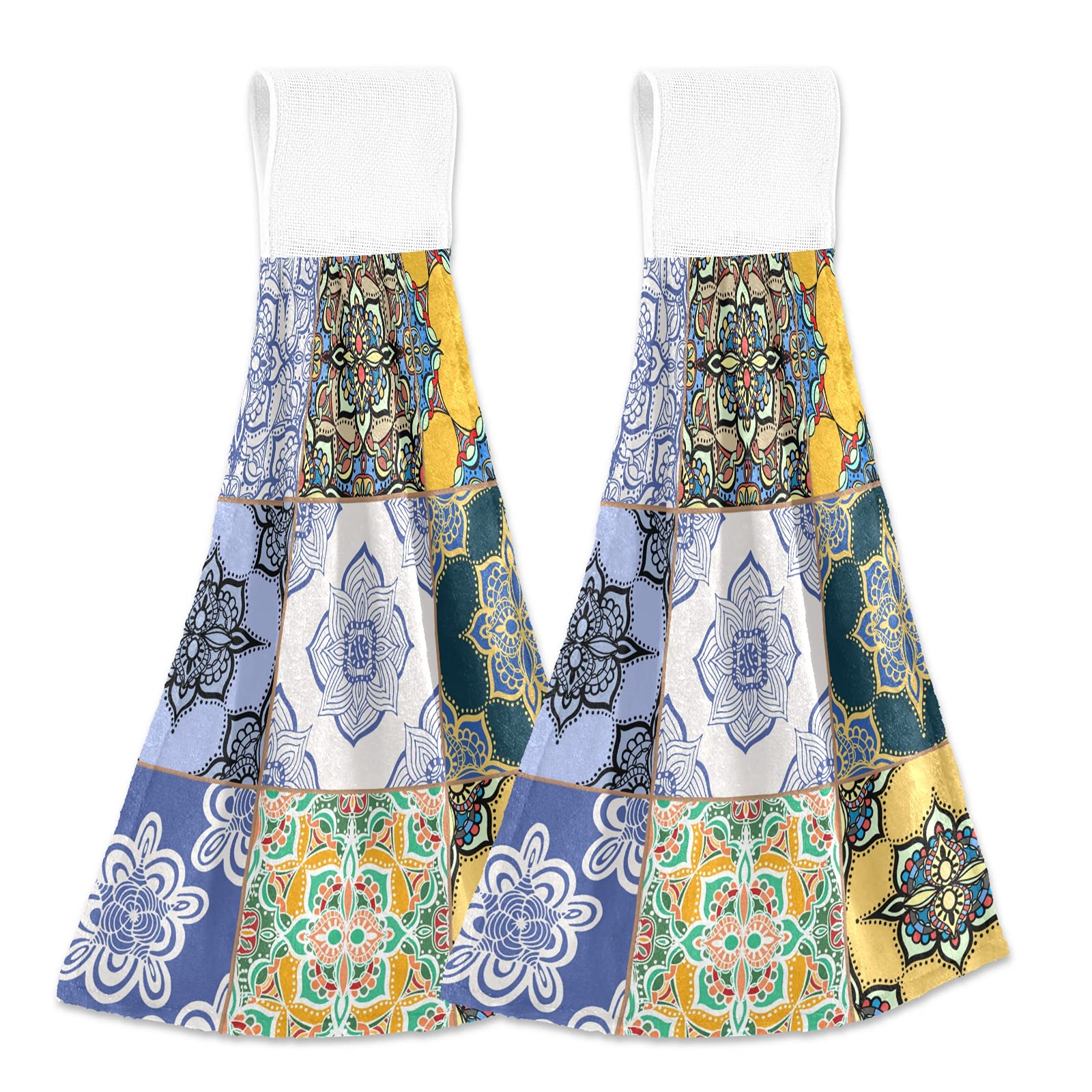 Poeticcity Blue,White Tribal Moroccan Portuguese Tiles Ornaments Blue White Yellow Pattern 2 Pcs Hanging Kitchen Hand Towel, Dish Dishcloth Towels With Hanging Loop, Absorbent Tea Bar Bath Tie Towel For Tabletop Kitchen