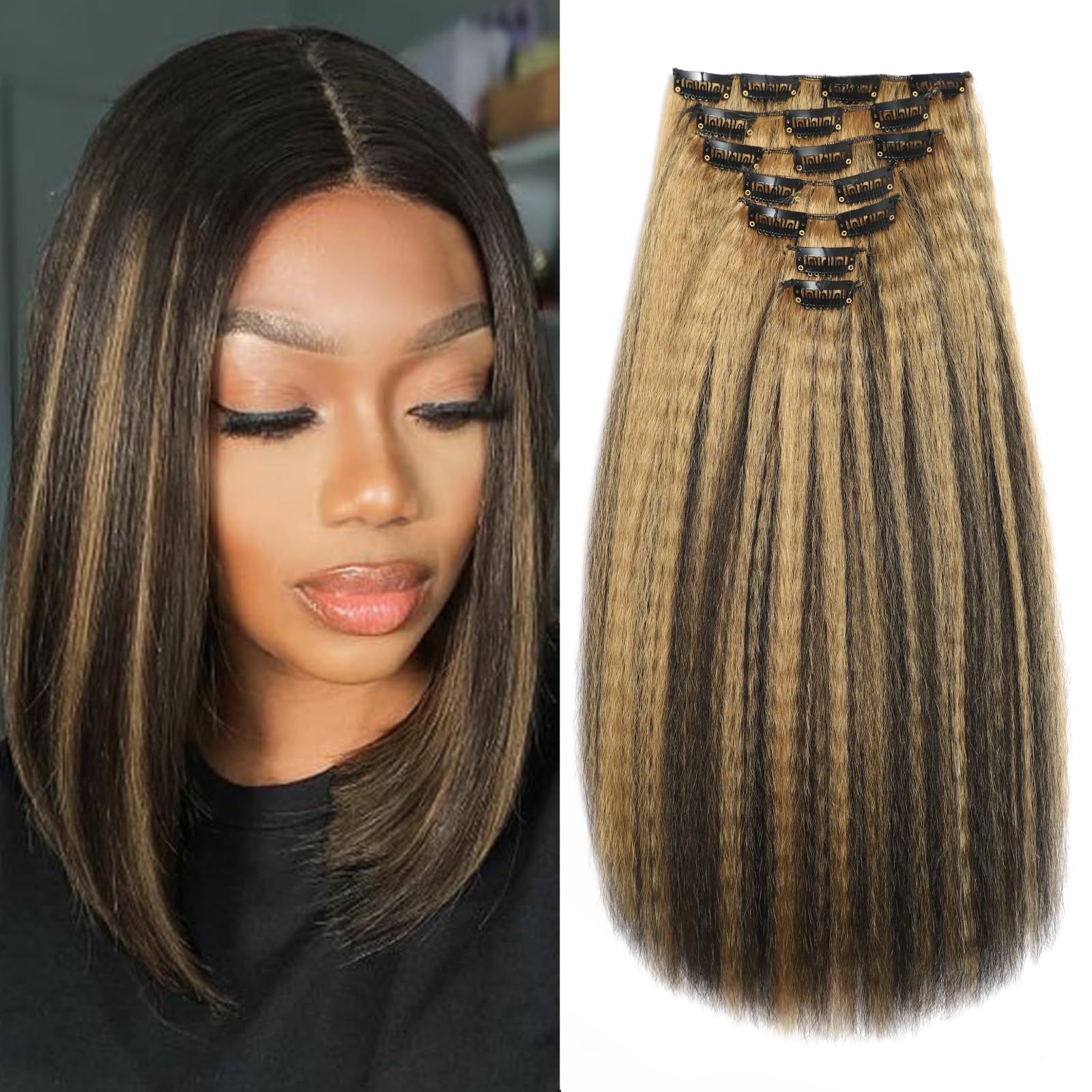 Vlliyava 16 Inch 1B/27 Yaki Kinky Straight Clip in Hair Extensions - 7 PCs 105g Seamless Synthetic Hair for Black Women