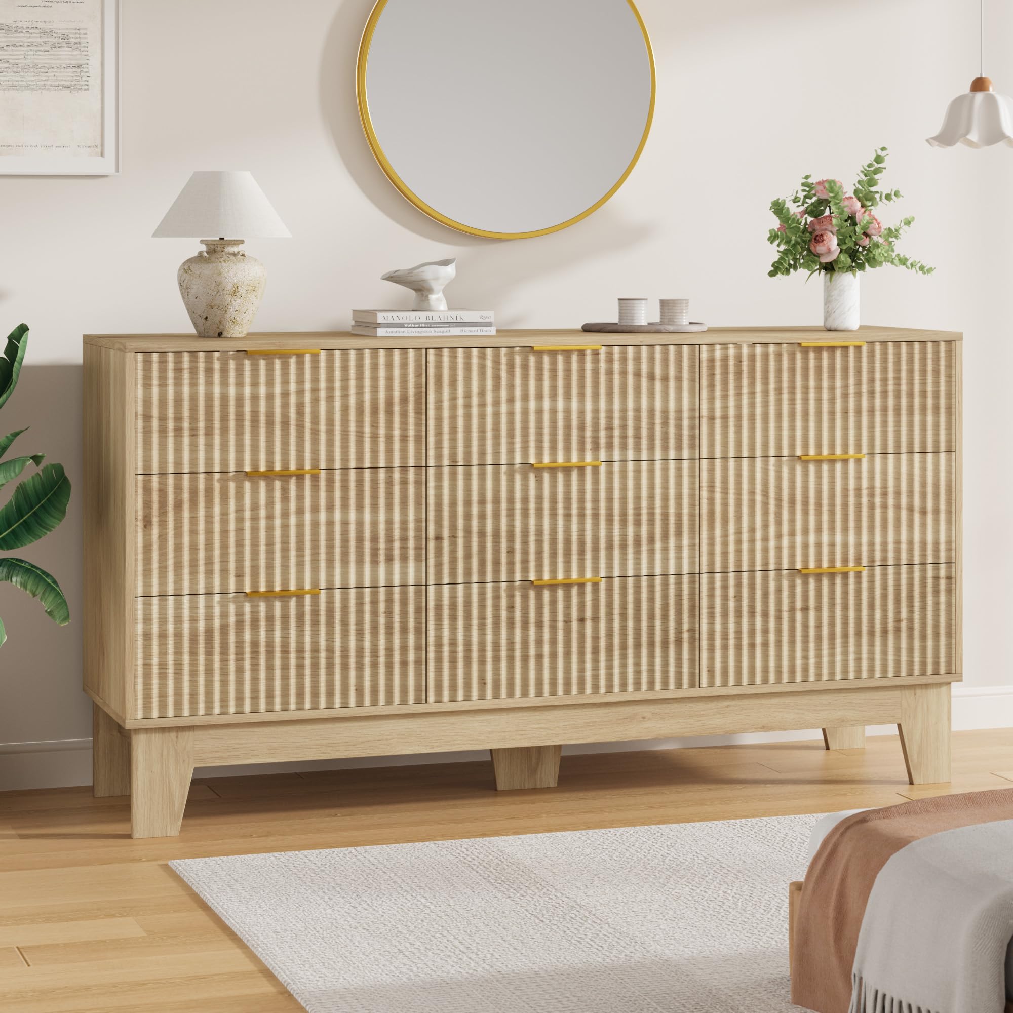 Photo 1 of ***DAMAGED -SELLING AS PARTS ONLY*** Garvee 9 Drawer Dresser for Bedroom, 59" Wide Fluted Chest of Drawers with Metal Handle, Modern Wooden Dresser TV Stand, Clothes Storage Organizer Wood Closet for Hallway, Entryway, Natural Oak