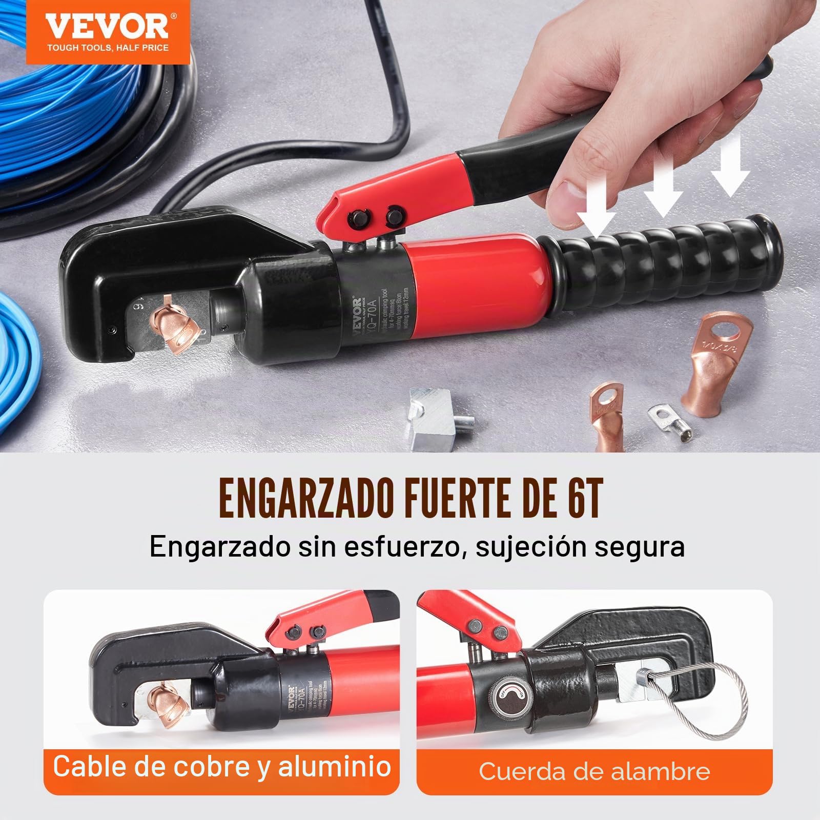 VEVOR Alicates de Corte 4-70 mm² Herramienta de Corte Hidráulico Aluminio y Cobre Cable de Batería AWG12-2/0 con Cortador de Cable Par de Guantes 50 Conectores Anillo de Cobre para Electricistas