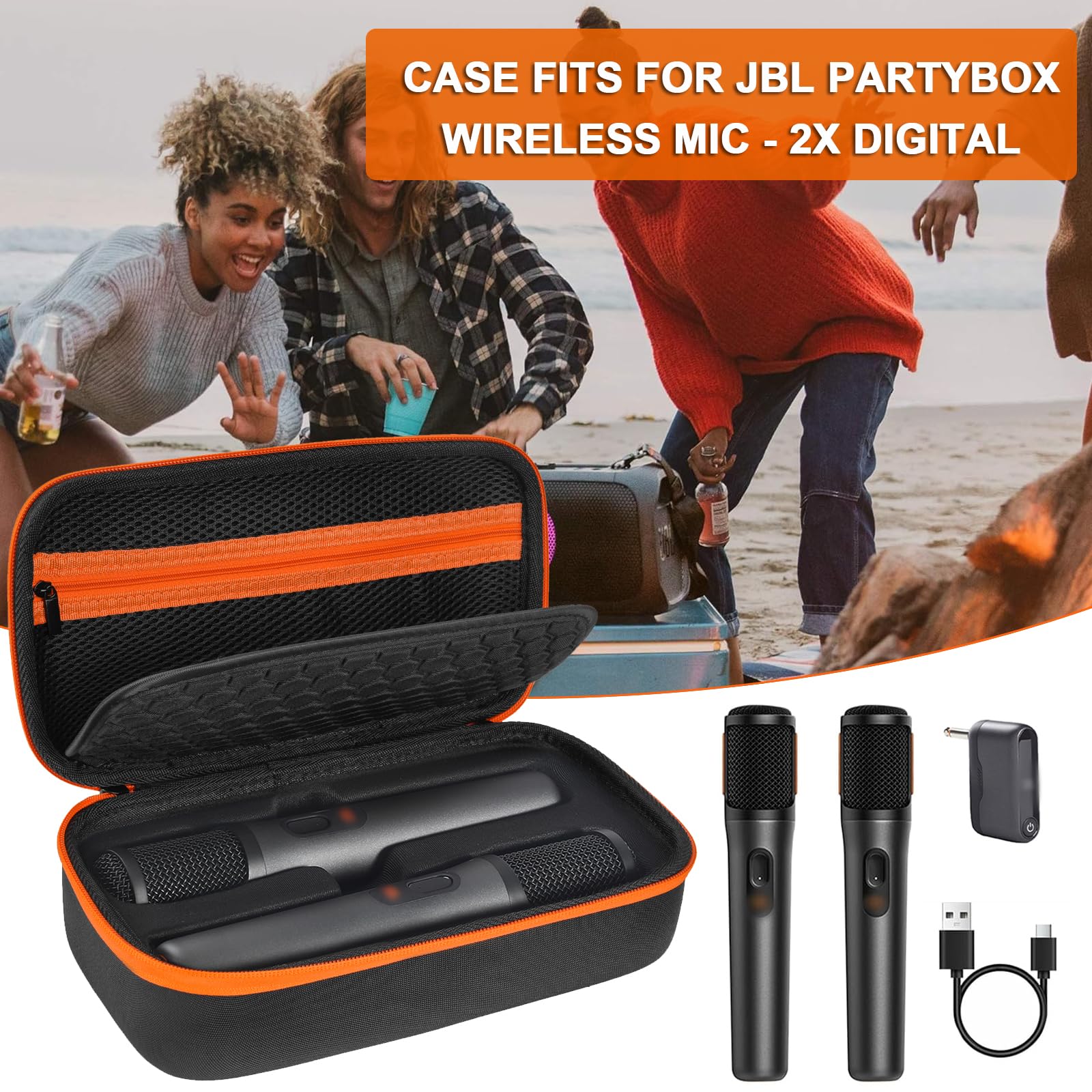 Étui pour microphone sans fil compatible JBL PartyBox – 2 microphones numériques sans fil, sac de rangement portable pour récepteurs, adaptateurs, piles AA, chargeur, noir