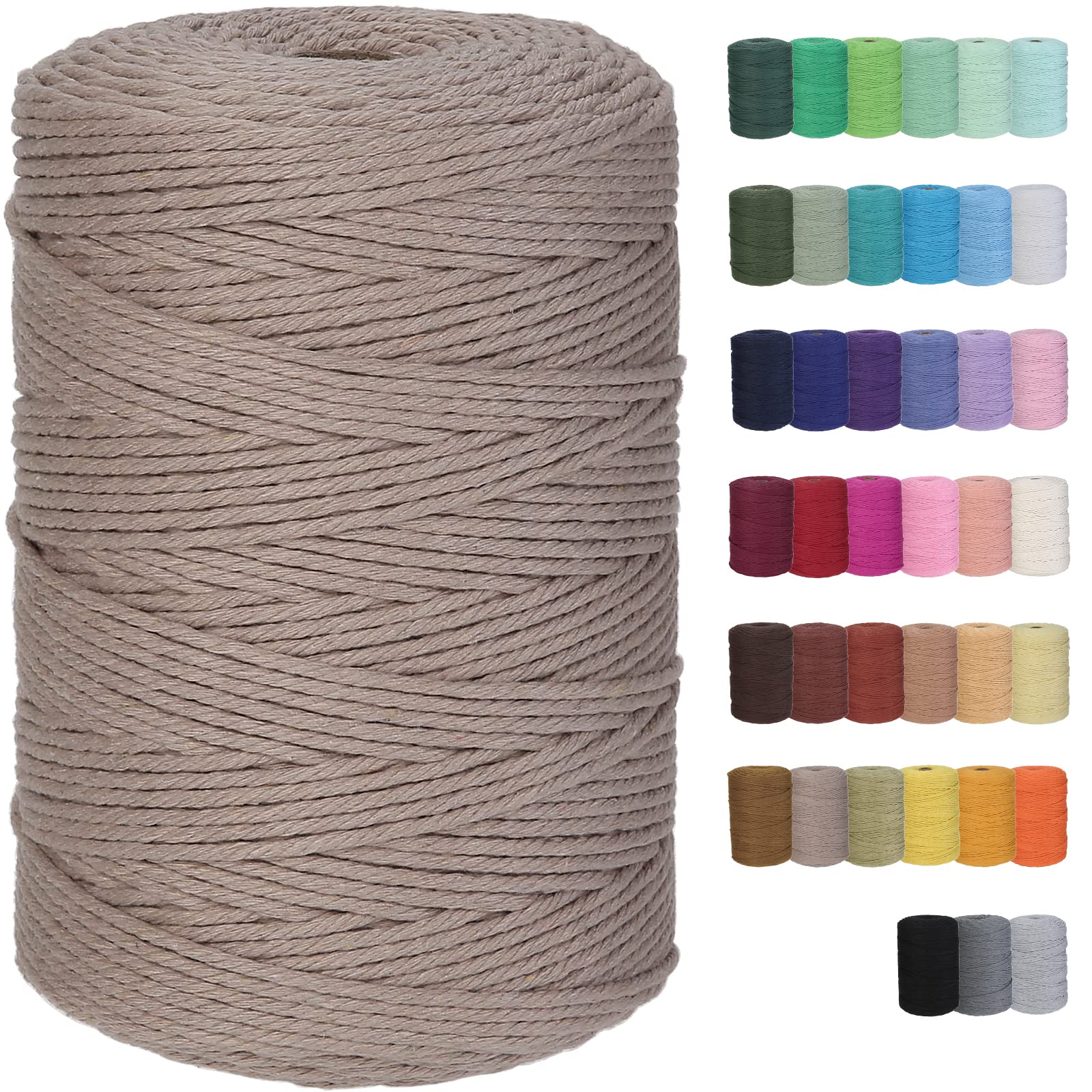 GOHOF Macrame Cord 3mm x 328yards Natural Cotton Rope - Soft Colored Cord for Plant Hanger, Wall Hanger, Dreamcatcher Craft Supplies (Warm Gray)