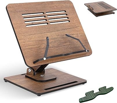 Vigo Wood Book Stand for Reading 360 Adjustable, Wooden Laptop Stand, Cookbooks Holder, Music Scores, Featuring Multi-Height Angles and Foldable Design with Page Clips.