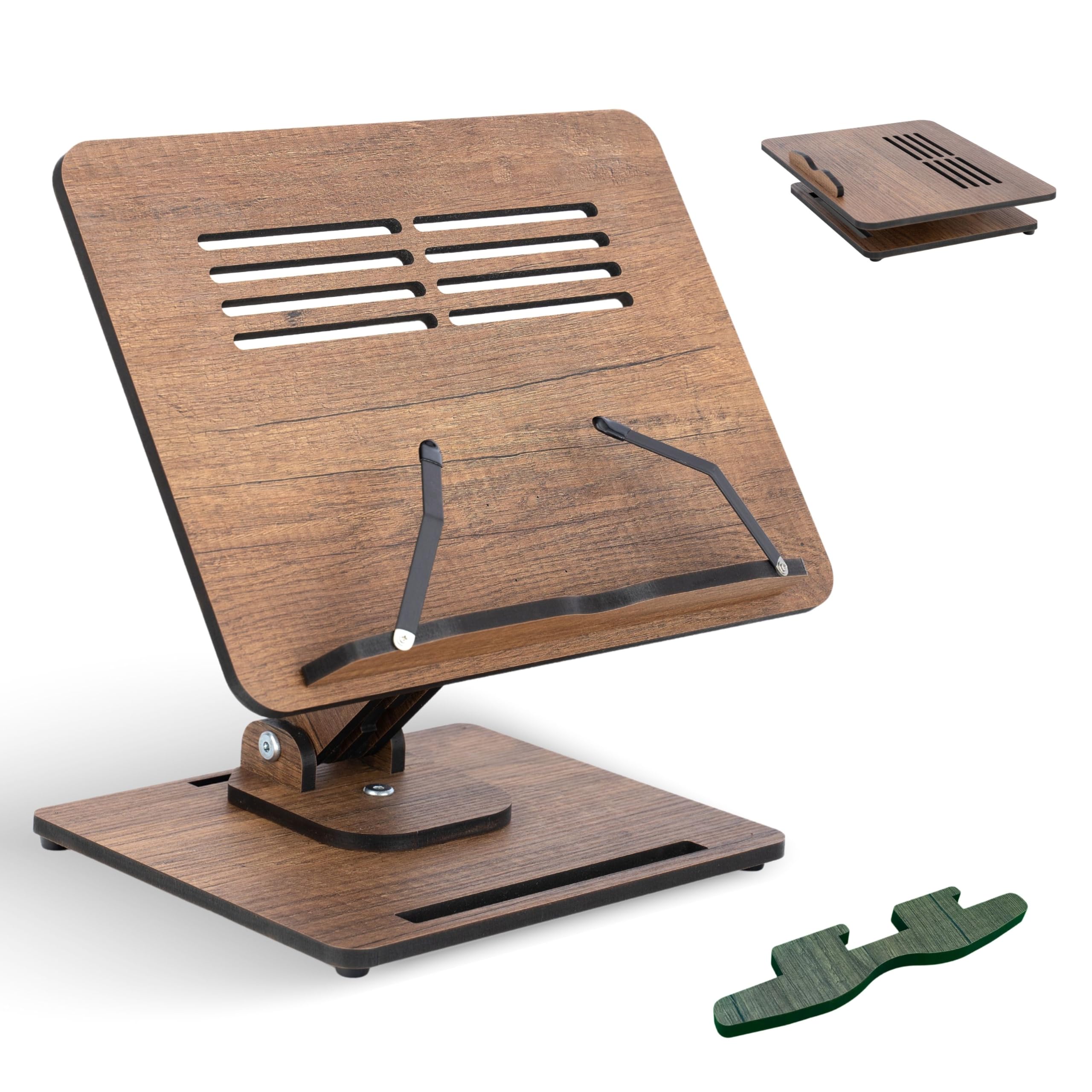 Book Stand for Reading 360° Adjustable, Wooden Laptop Stand, Cookbooks Holder, Music Scores, Featuring Multi-Height Angles and Foldable Design with Page Clips.