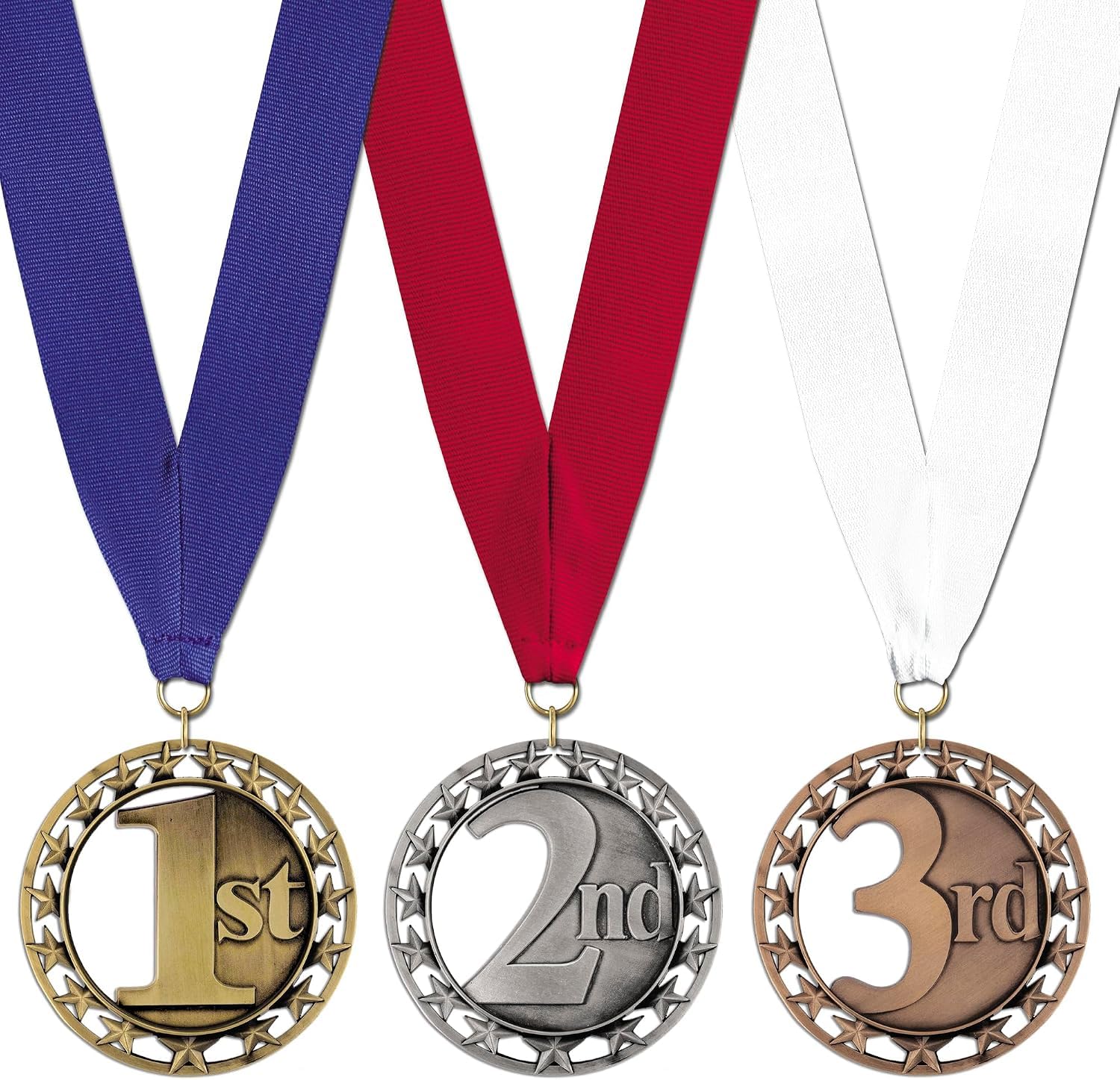 Medallas de premio Hodges 1, 2, 3, medallas de bronce dorado, plateado con cintas para el cuello azules, rojas y blancas