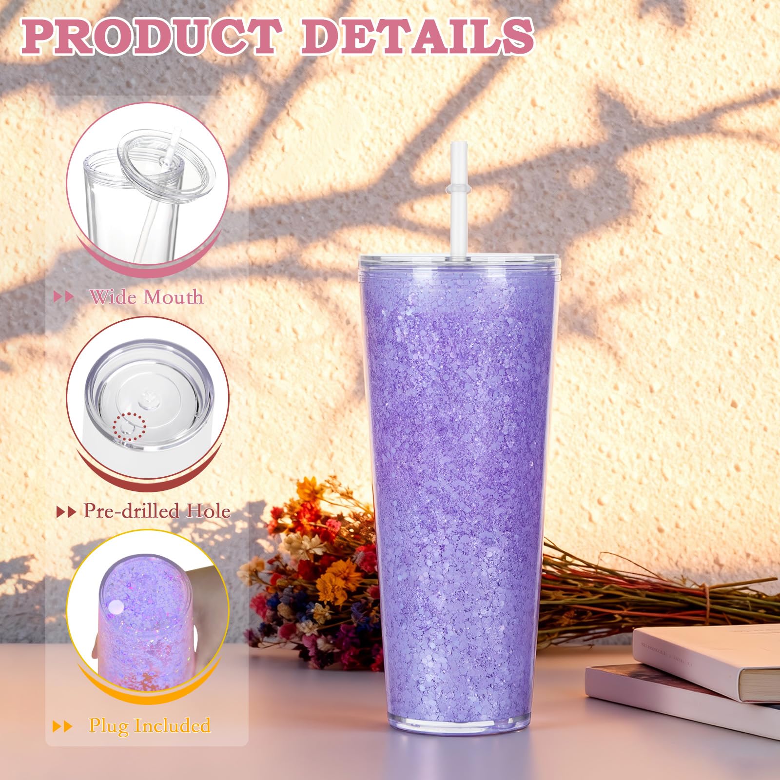 Cosictic 24 OZ Mehrweg Acryl-Schneekugel-Tumbler mit vorgebohrtem Loch, 709ml, Kunststoff-Doppelwandiger Schneekugel-Tumbler mit klarem Deckel und Trinkhalm, (8 Stück)