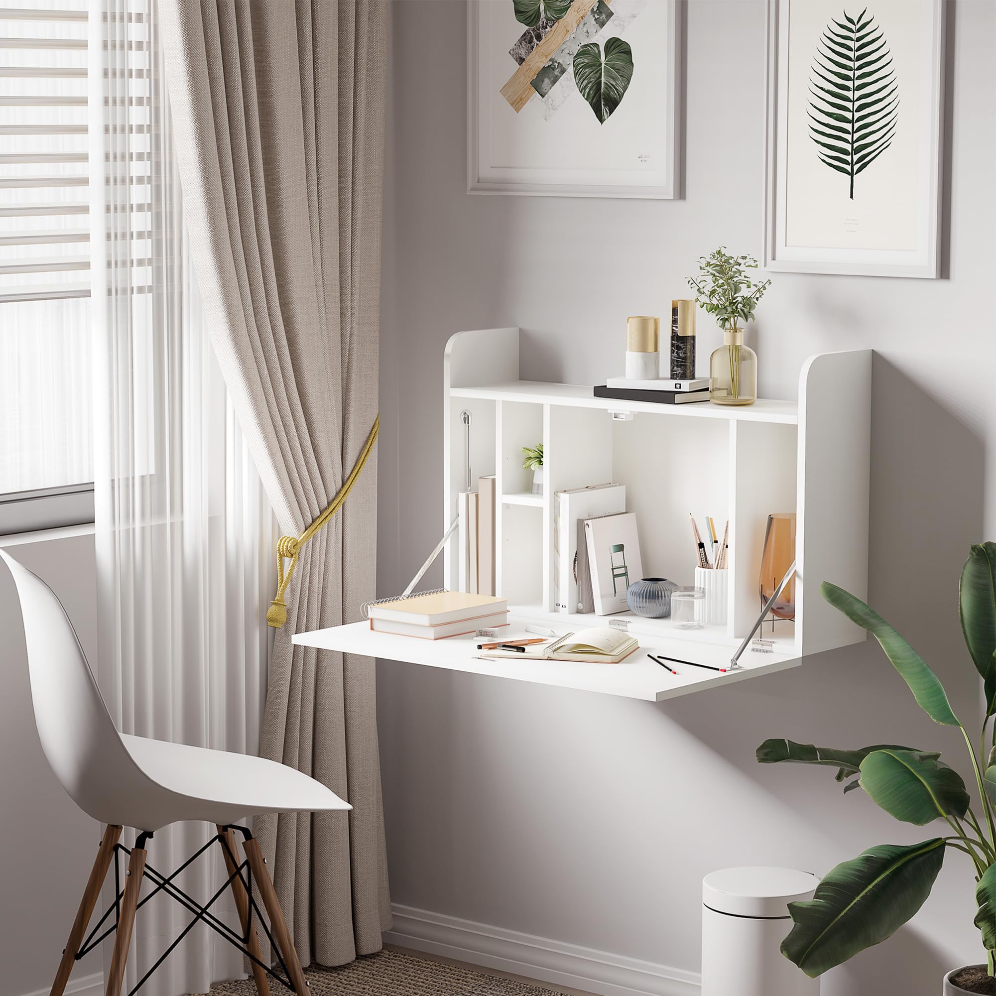 HOMCOM Bureau Suspendu Bureau Mural avec Rangements 77 x 20 x 51 cm Blanc