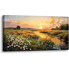 crmotu Landscape Wall Art, Nature Wall Decor, Oversized Wall Art, Riverside Scenic Canvas Art Prints, Modern Farm Aesthetic Paintings Wall Decor Living Room Bedroom Dining Room Farmhouse 30"X60"