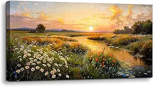 SERIMINO Large Wall Art for Living Room, Sunset Landscape Wall Decor, Meadow Wildflowers Canvas Prints Paintings, Marshland Scenery Pictures Home Decor for Bedroom Dining Room Kitchen 30"X60"