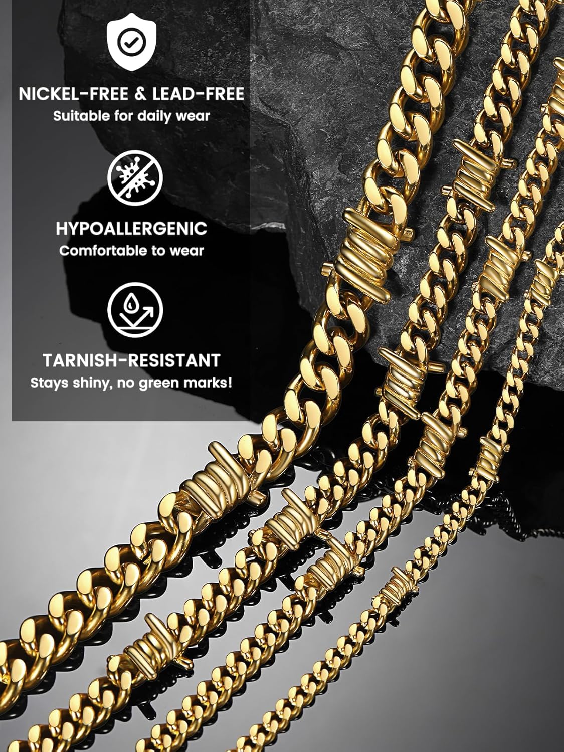 Bestyle Barbed Wire Necklace 5/7/9/12mm Mens Chain Necklaces Hip-hop Punk Gothic Stainless Steel Chain Heavy Thick Cuban Link Chain for Men Women, Length 16/18/20 Inch - Image 2