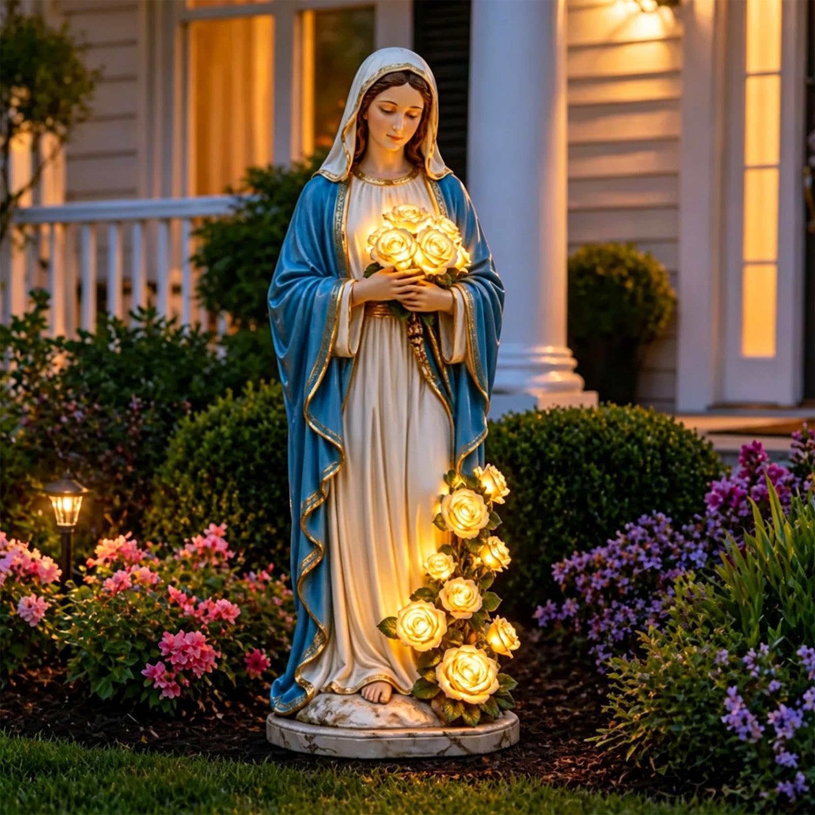 Djeyzusy Virgin Mary Garden Light with Glowing Roses | Mary Garden Statue | Blessed Light of Mother Gardens Sculpture | Religious Figurine Lamps for Patio Porch Yard Home Bookself Decor