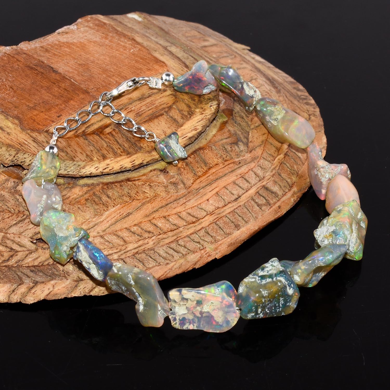 InfinityGemsArt Natural Rock, Raw Black Opal Bracelet, Gemstone Rough Dainty Handmade Jewelry, Birthstone, Healing Stones, Crystals Opa Gift in Rhodium 925 Sterling Silver Chain 8 inch