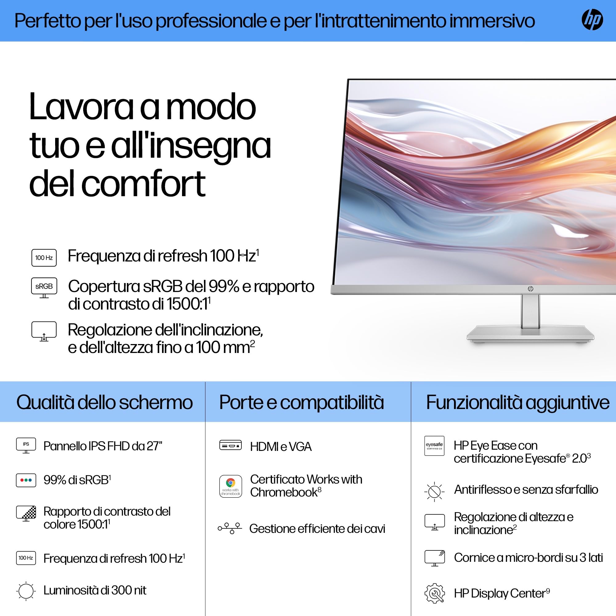 HP 527sh Monitor, Schermo da 27" FHD IPS Antiriflesso, Tecnologia Eye Ease, Tempo Risposta 5 ms GtG Overdrive, Risoluzione 1920 x 1080, Software Display Center, HDMI, Nero