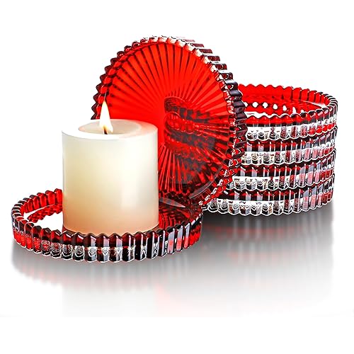 4'' Red Glass Candle Plates,Pillar Candle Holder Plates, Glass Candle Coasters Small Round Candle Trays Decorative Glass Pillar Candle Stands for Table Centerpieces 6pcs