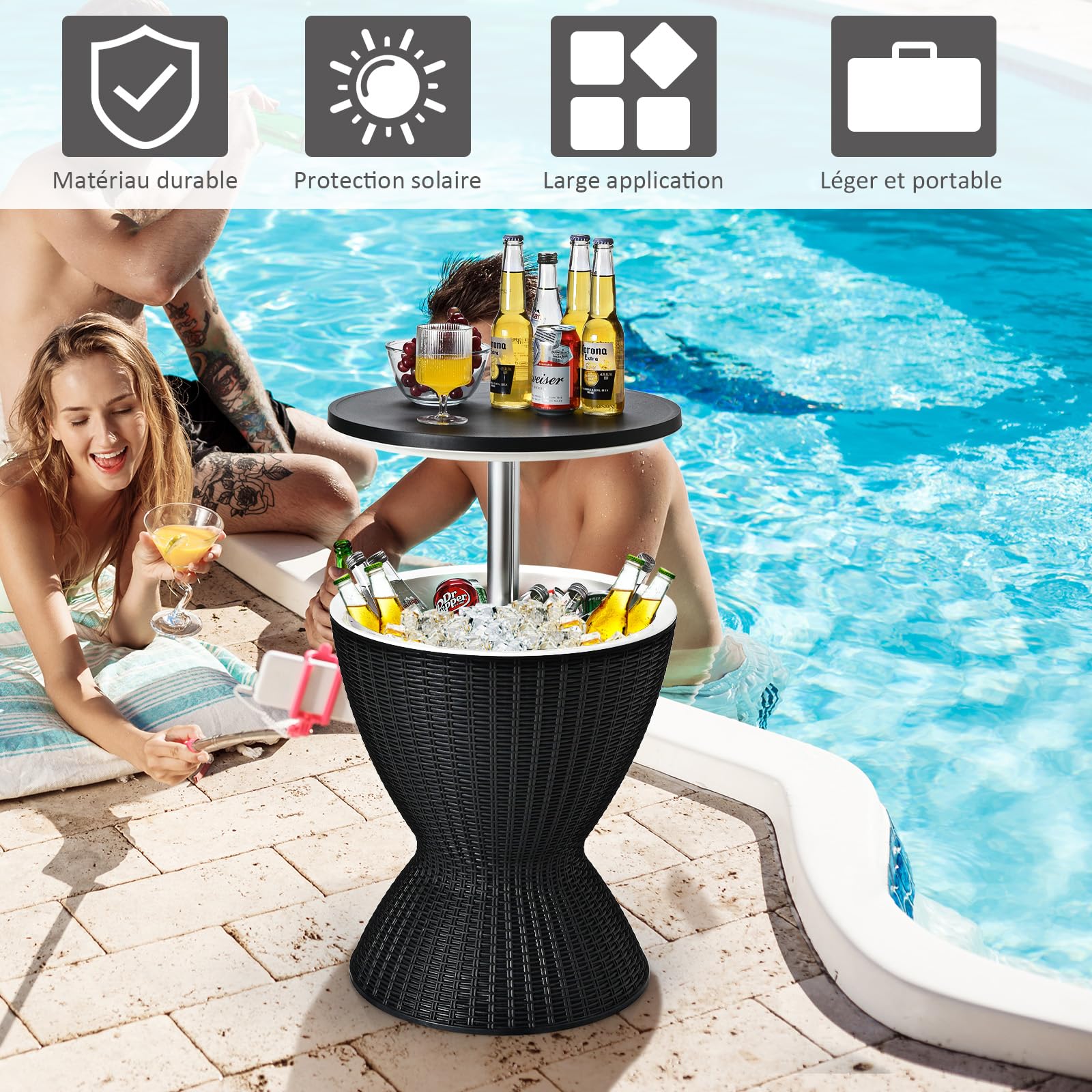 GYMAX Table Glacière 2-en-1, Seau à Glace 30L avec Table Élévatrice, Table Basse Extérieur Jardin Piscine Terrasse Noir