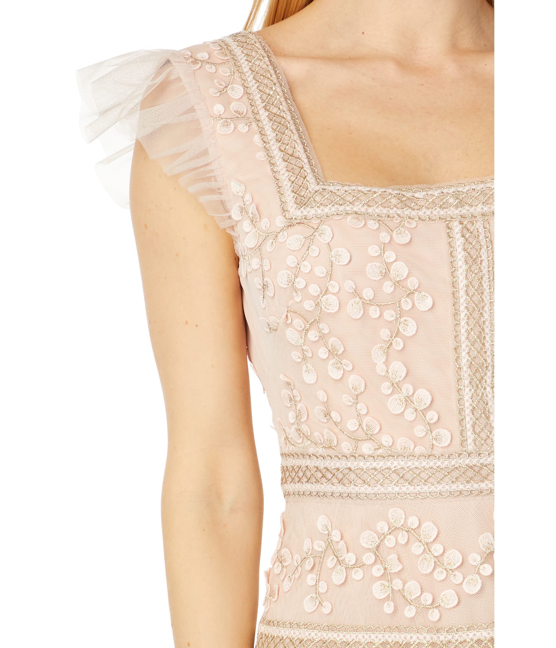 BCBGMAXAZRIA Womens Ruffle Cap Sleeve a Line Evening Dress Square Neck Short Tiered Ruffle Skirt