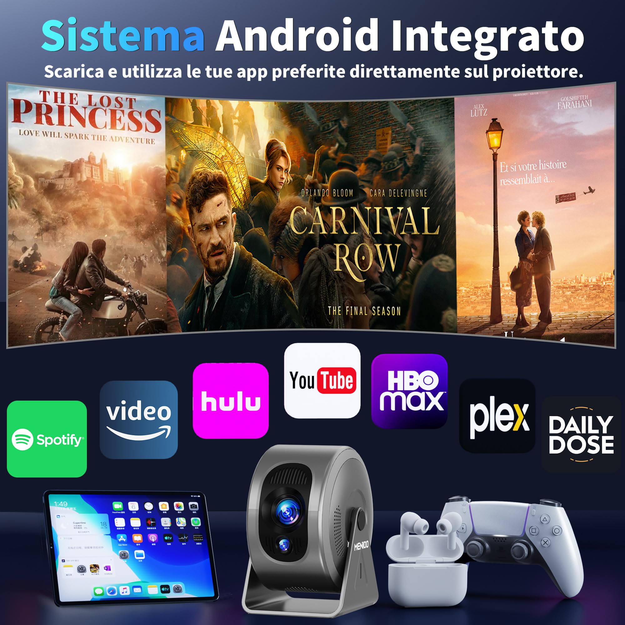 Mini Projector [Integrated Apps & 2026 Upgraded] Supporto 4K 1080P, Portable Projector Auto Focus/Keystone avec WiFi 6 et Bluetooth 5.4 Correction 360°Rotation, Mini Proiettore Home Theater - Grigio