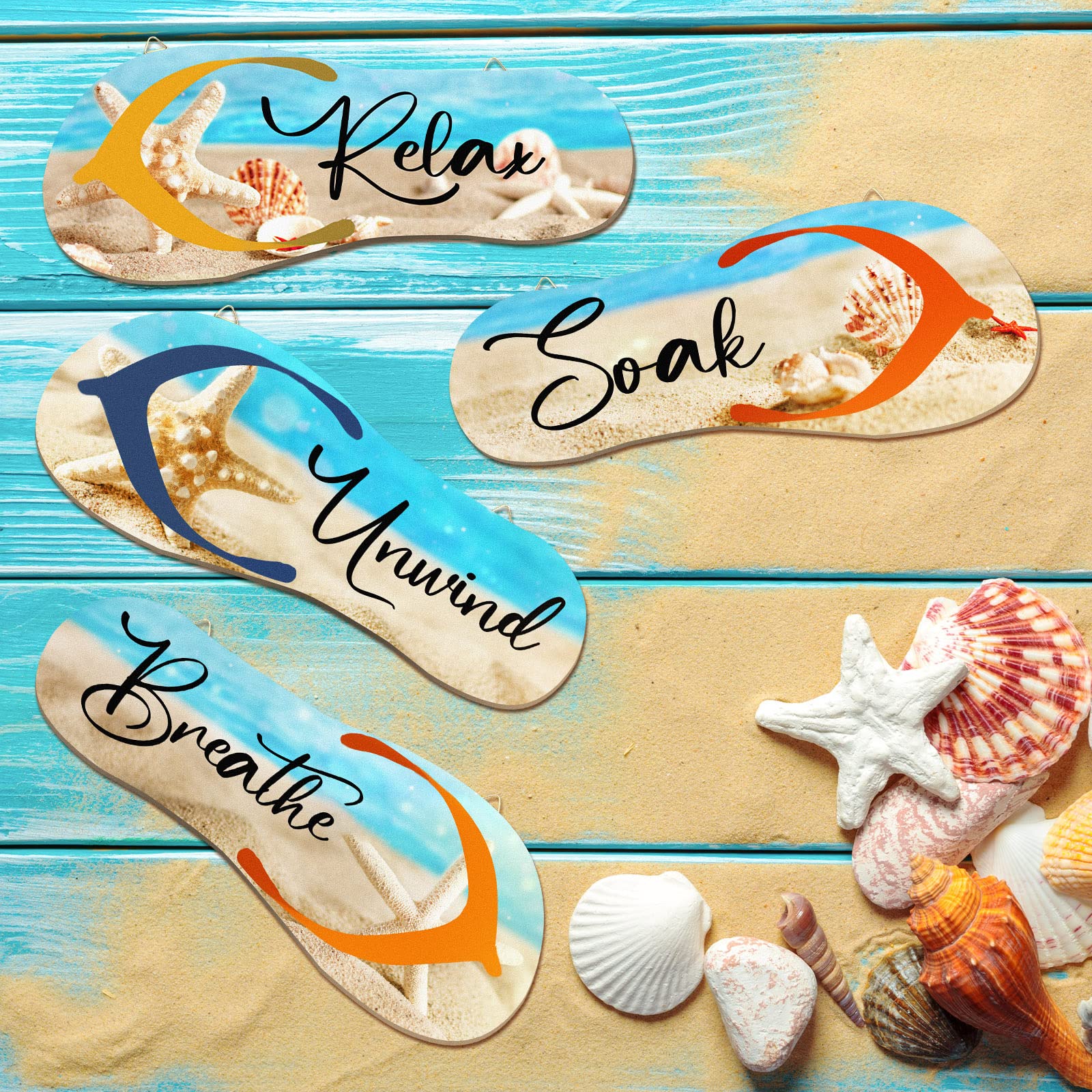 Beach Bathroom 4-Piece Decor Set Wooden Ocean Wall Art With