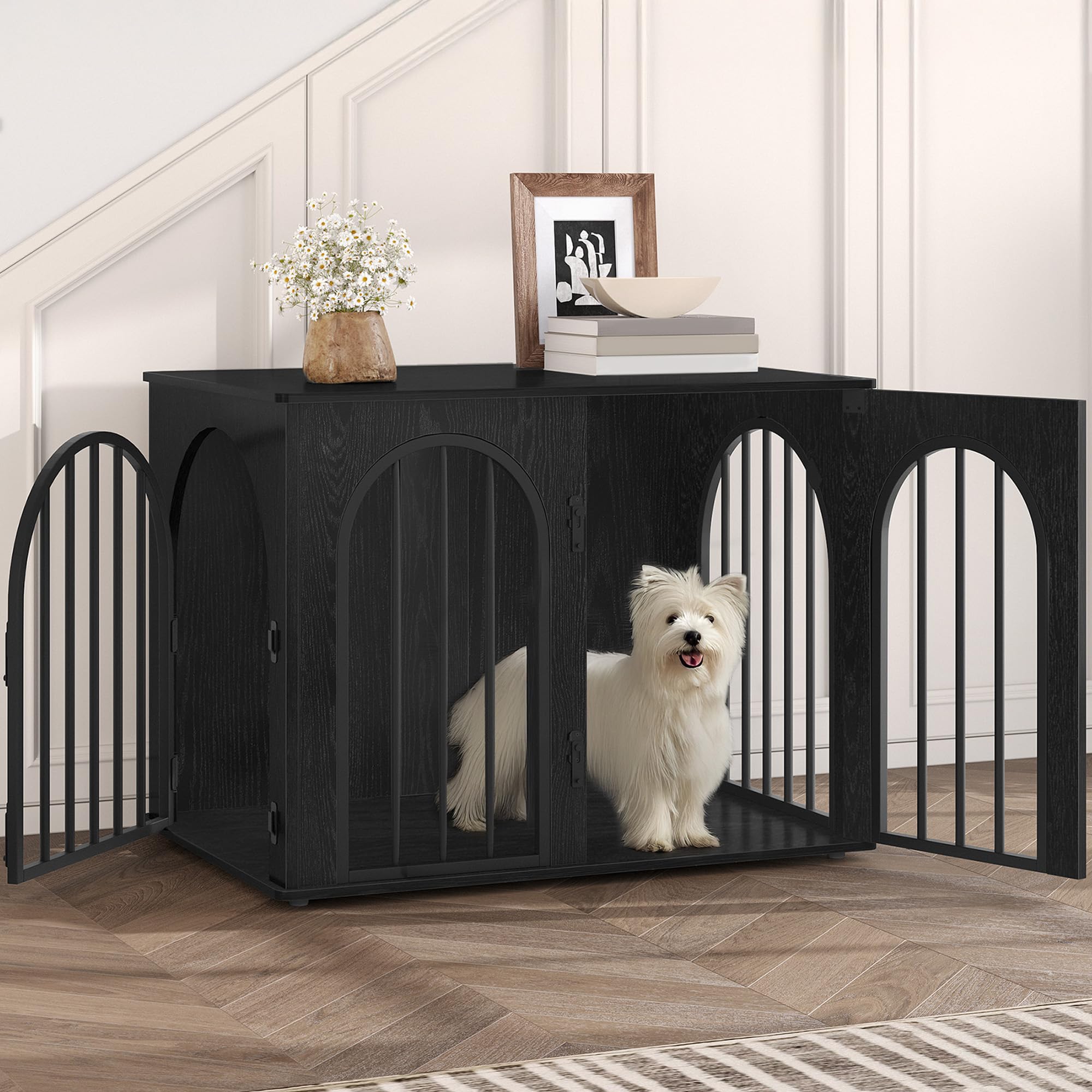 Hzuaneri Dog Crate Furniture, 80 cm Wooden Dog Crate, Indoor Kennel for Small/Medium Dogs, End Side Table Animal Crates, Anti-Chew, Anti-Escape, Arched Door Design, Black DFC85104B