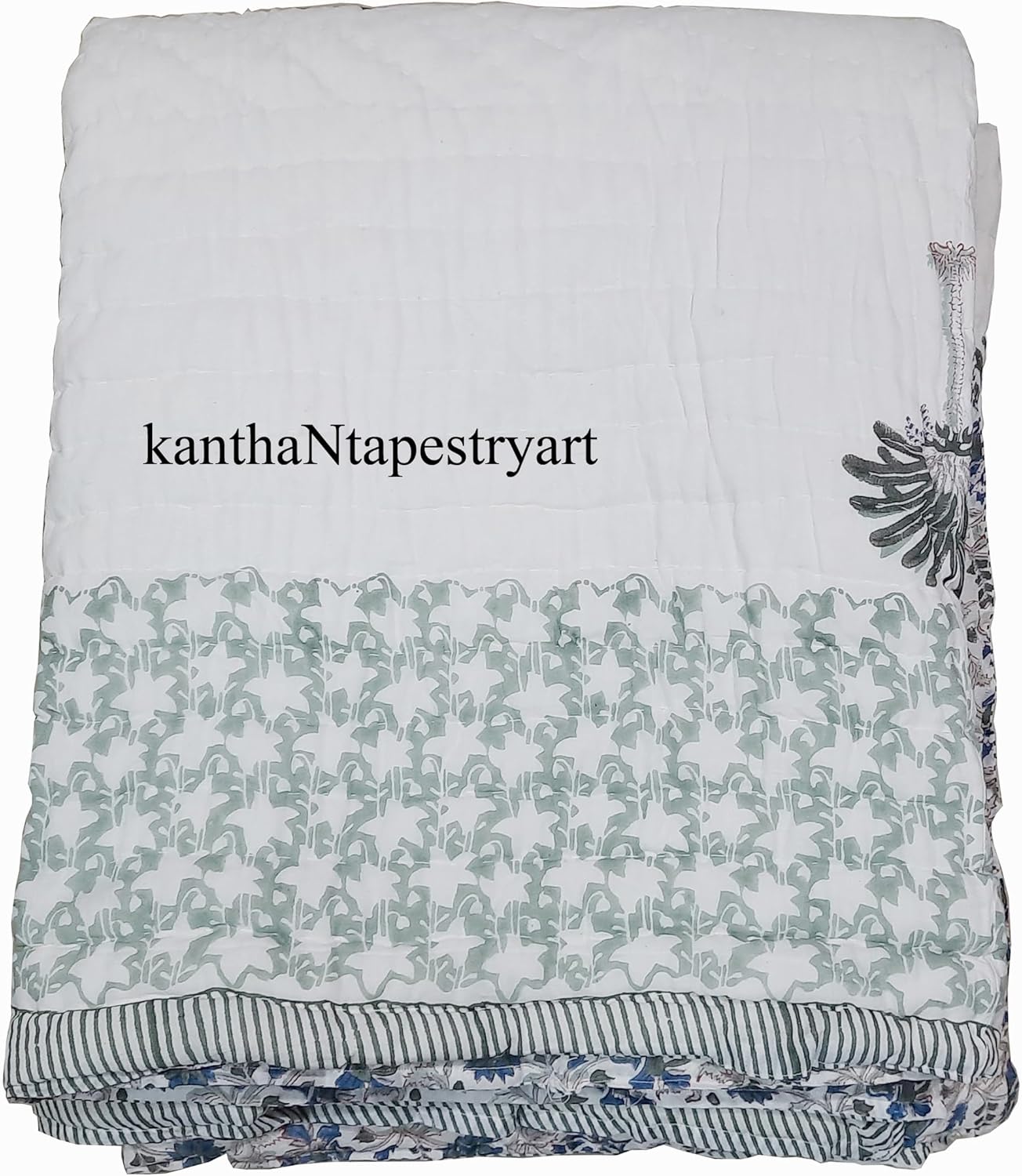 Generic kanthaNtapestryart Indian Hand Block Print Palm Tree 100% Cotton Quilt Jaipuri Famous Razai Soft Cotton Light Weight Cotton Warm Quilt Razai King (California King US Size 108x108 Inch), Blue