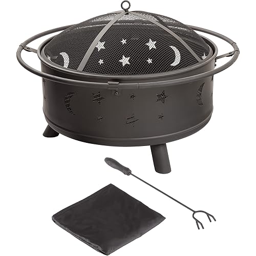 Fire Pit Set, Wood Burning Pit - Includes Screen, Cover and Log Poker- Great for Outdoor and Patio, 30 inch Round Star and Moon Firepit by Pure Garden