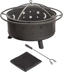 Fire Pit - 32-Inch Outdoor Wood Burning Firepit with Screen, Poker, and Cover - Outdoor Fire Pits for Backyard, Deck, or Patio by Pure Garden (Black)
