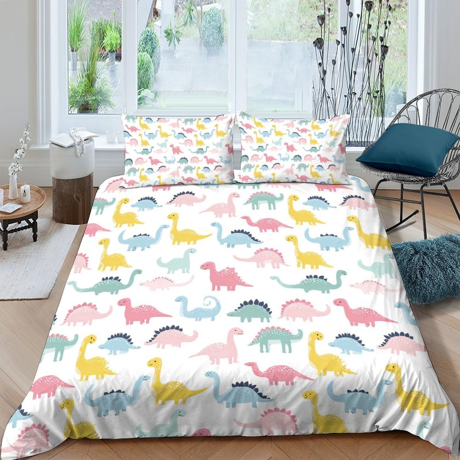GPLZQXKJNH 3D Printed Colourful Dinosaur Duvet Cover Microfiber Soft Breathable Cartoon Bedding Set with 2 Pillowcases for Bedroom Decor Single（135x200cm）