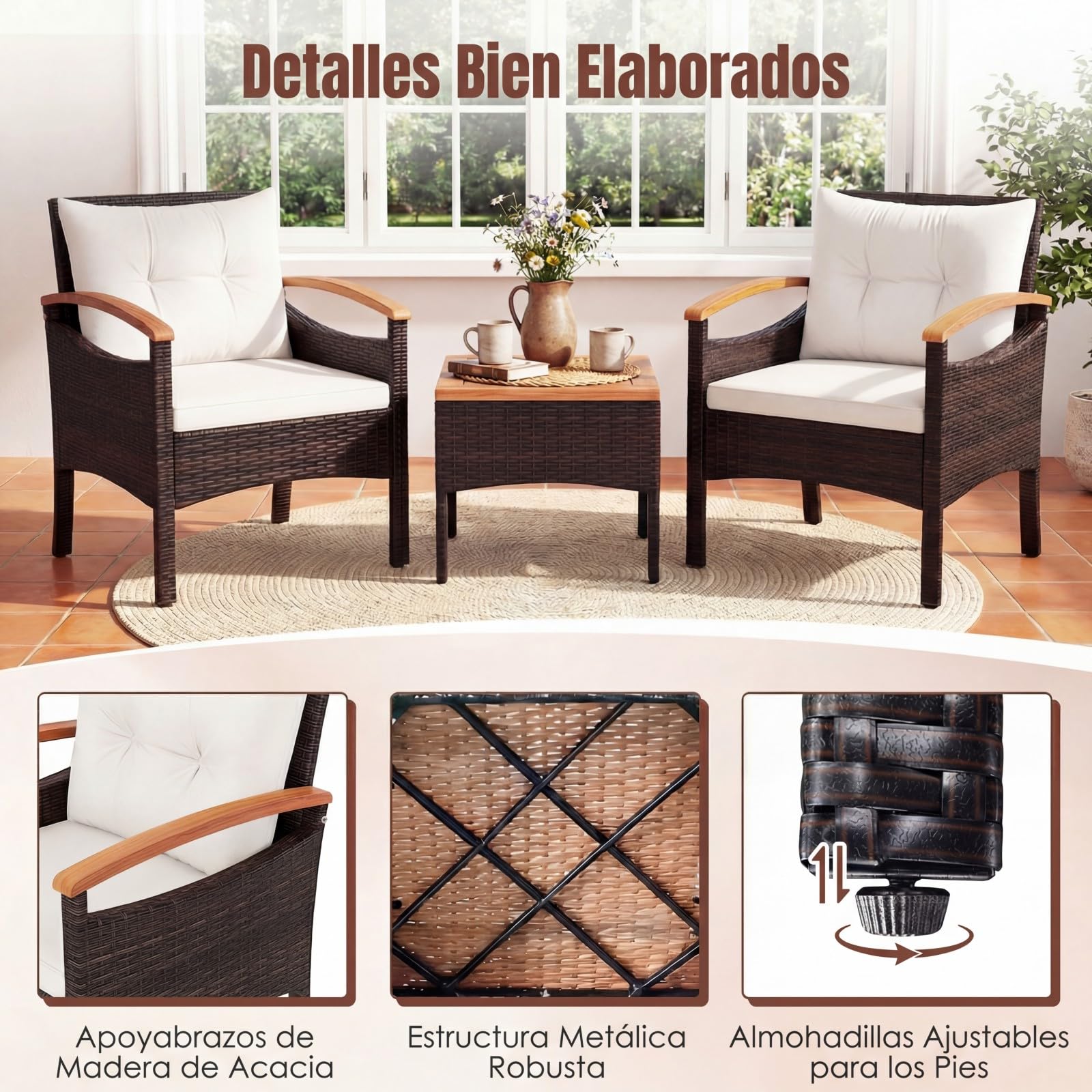 COSTWAY Conjunto Terraza 3 Piezas, Conjunto de Muebles Ratán de jardín, Mesa de Café, 2 Sillas de Ratón con Cojín Desmontable y Respaldo, Madera de Acacia para Patio, Piscina, Balcón (Blanco)