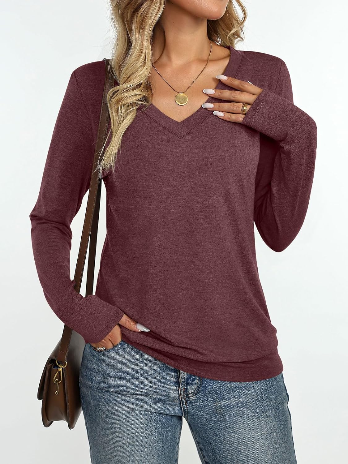 Womens V Neck Long Sleeve Shirts Banded Bottom Cute Loose Fit Tops Dressy Casual Outfits for Fall Spring - Image 2