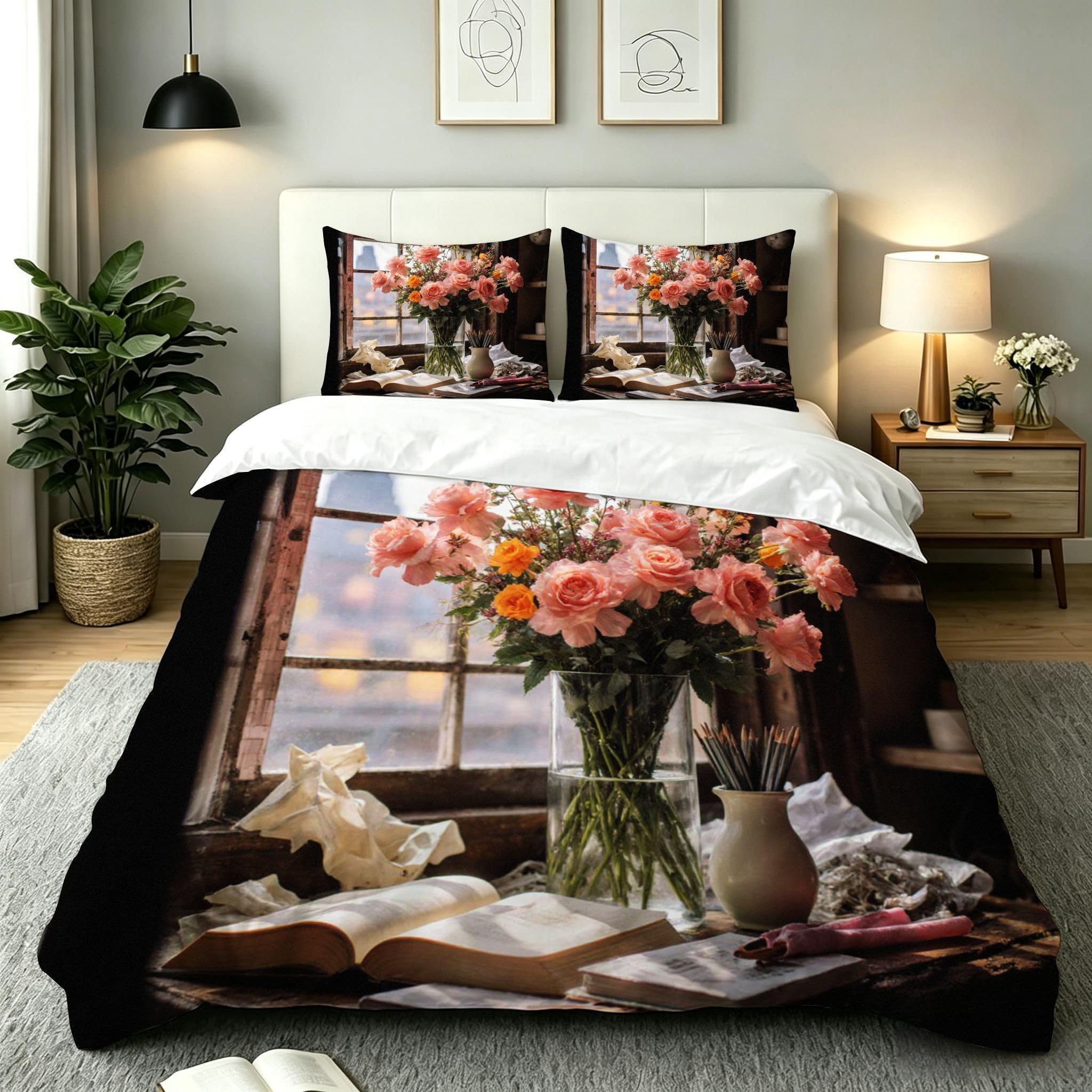 Parure de lit 2 personnes avec housse de couette rose 220x240 cm et 2 taies d'oreiller