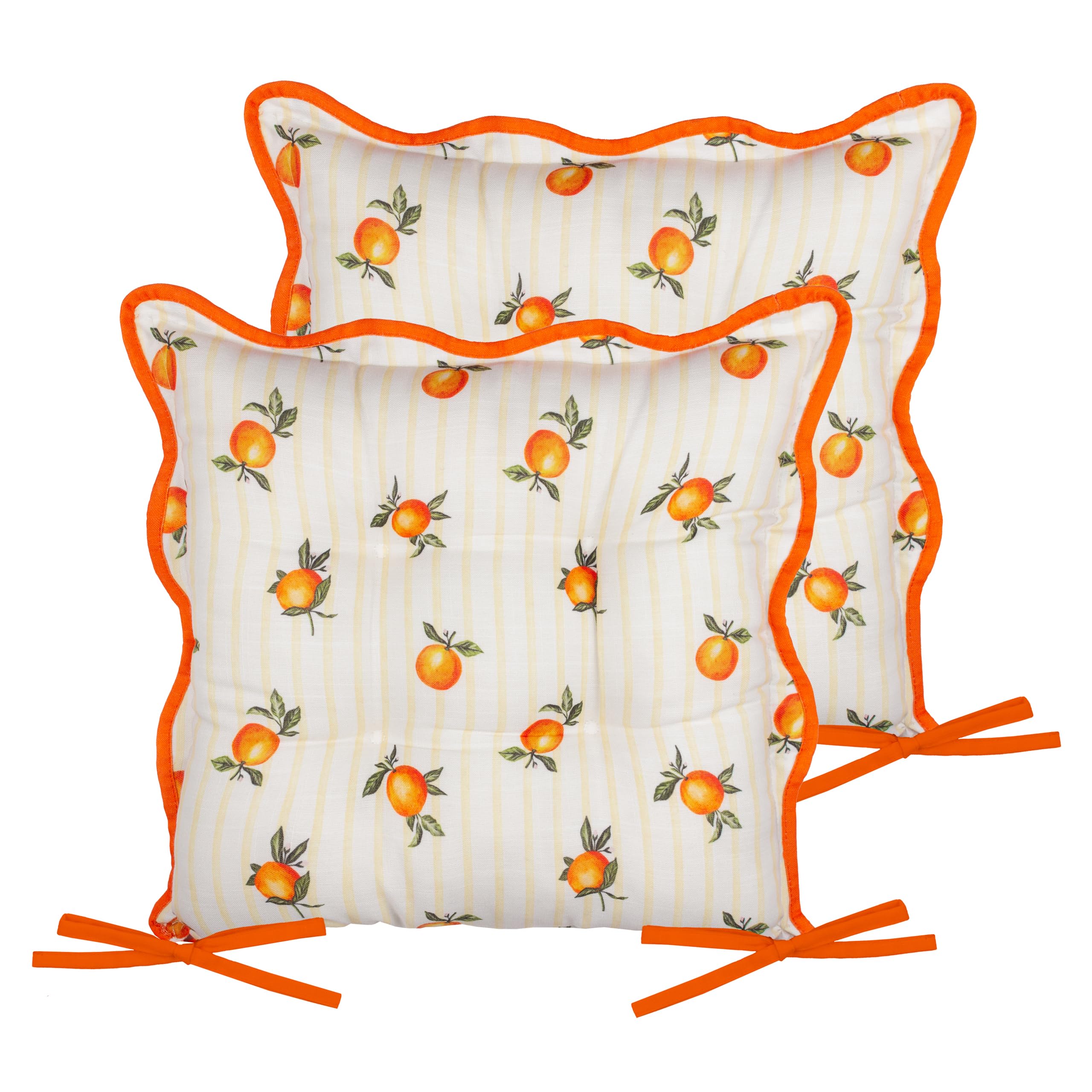 furn. Fruits Oranges Seat Pads – Pack of 2 – Striped Water Repellent Kitchen Dining & Patio Chair Cushions with Ties (Yellow - 40x40cm)