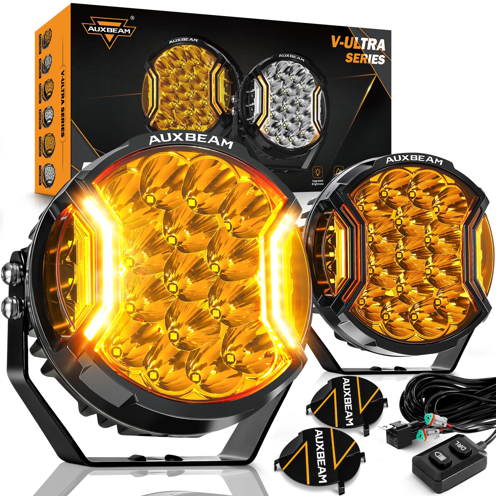 Auxbeam V-Ultra Series 7" 226W Side Shooter LED Offroad Lights, Amber DRL 3 Modes Light Bar, 270° Coverage Round LED Pods Spotlights, 26800LM Yellow Fog Lights with Protective Covers, Pair