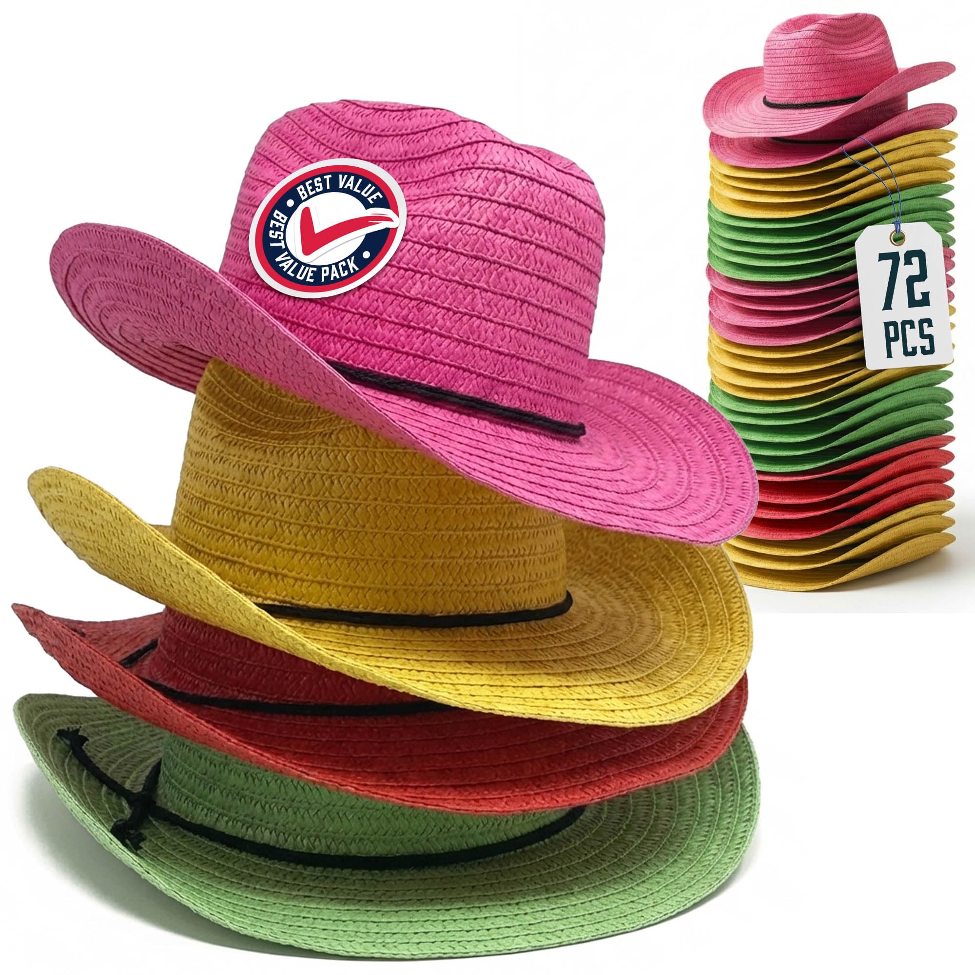 Straw Cowboy Hats 72 Pack – 24" Circumference Western Style – Multicolored
