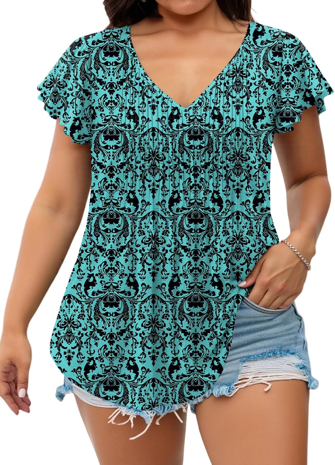 VOGRACE Womens-Plus-Size-Summer-Tops Casual V Neck T Shirts Trendy Ruffle Short Sleeve Tunics Loose Comfy Pleated Tees XL-5XL - Image 3