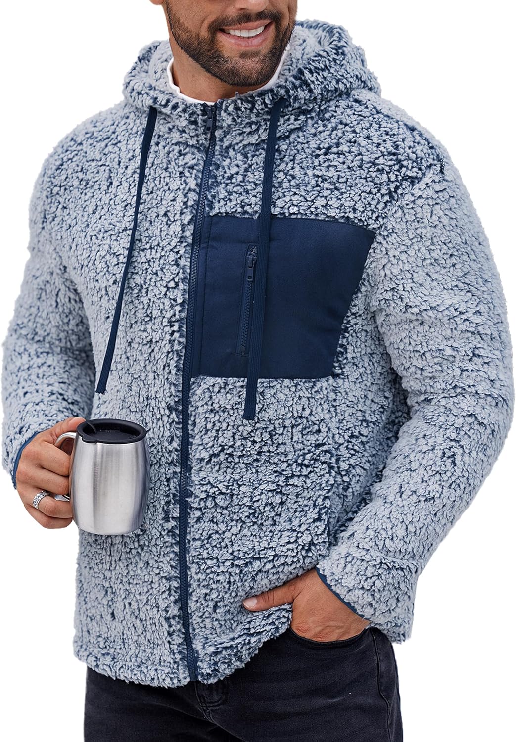 Men’s Sherpa Zipper Hoodie Fuzzy Fleece Jacket Color Block Thermal Cardigan with Pockets (S-XXL)