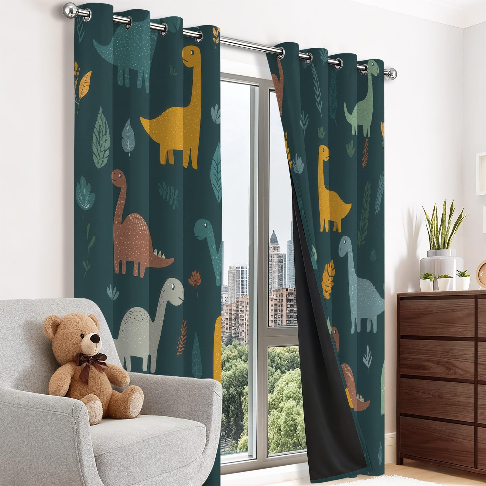 Générique Rideaux Occultant Isolant Thermique Anti Froid, Lot De 2 Rideaux 140L X 180H cm Protection UV Rideau Cyan Foncé Dessin Animé Enfantin Animaux Dinosaures pour Salon et Chambre