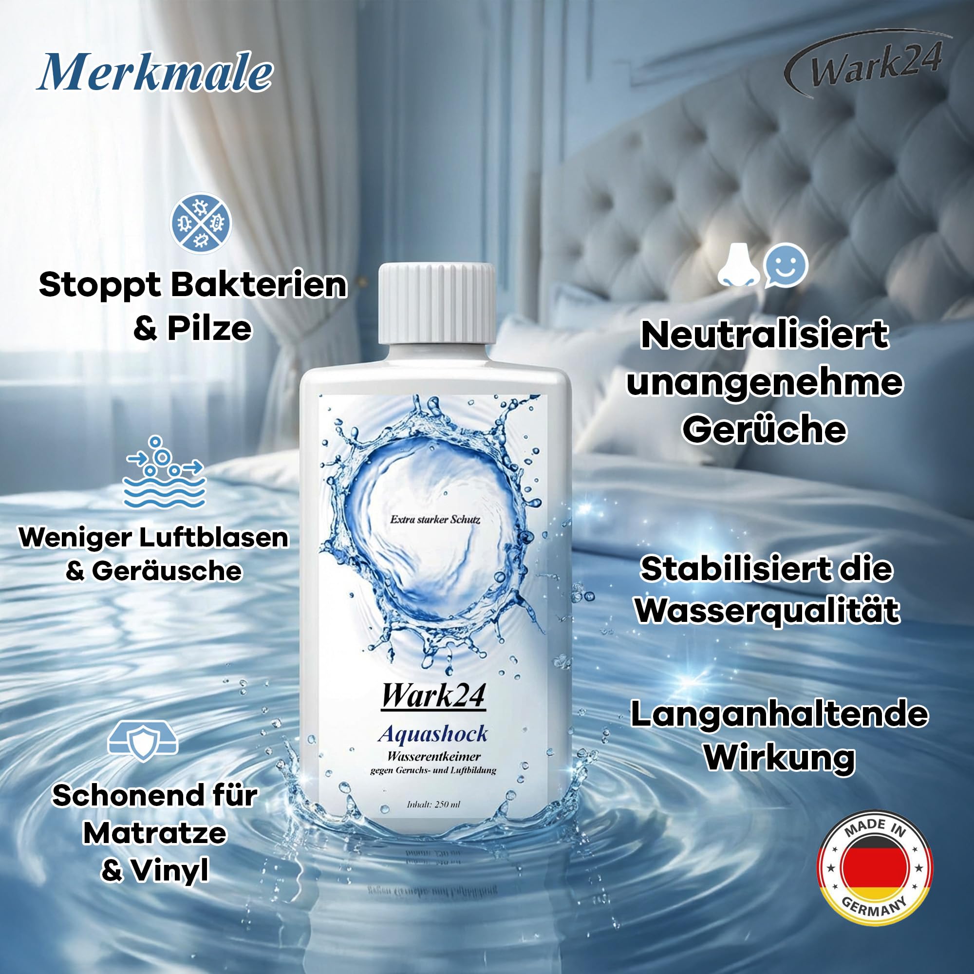 Aquashock Wasserentkeimer 2 x 250 ml, für saubere Wasserbetten ohne Bakterien, bekämpft Geruch & Luftblasen, einfache Anwendung und zuverlässige Pflege
