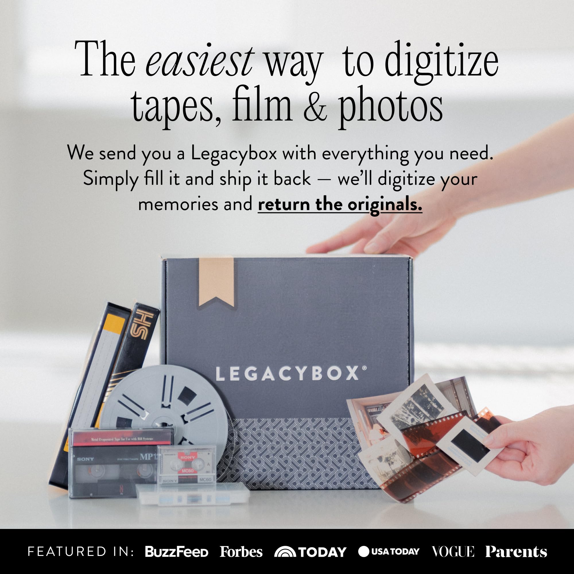 Legacybox Digitalisierung 3 Artikel Box | Speichererhaltungsservice | Konvertieren von VHS in Digital | Scan-Service für Fotos, Dias und Negative | Übertragung auf Cloud, USB oder DVD | Digitalisiert