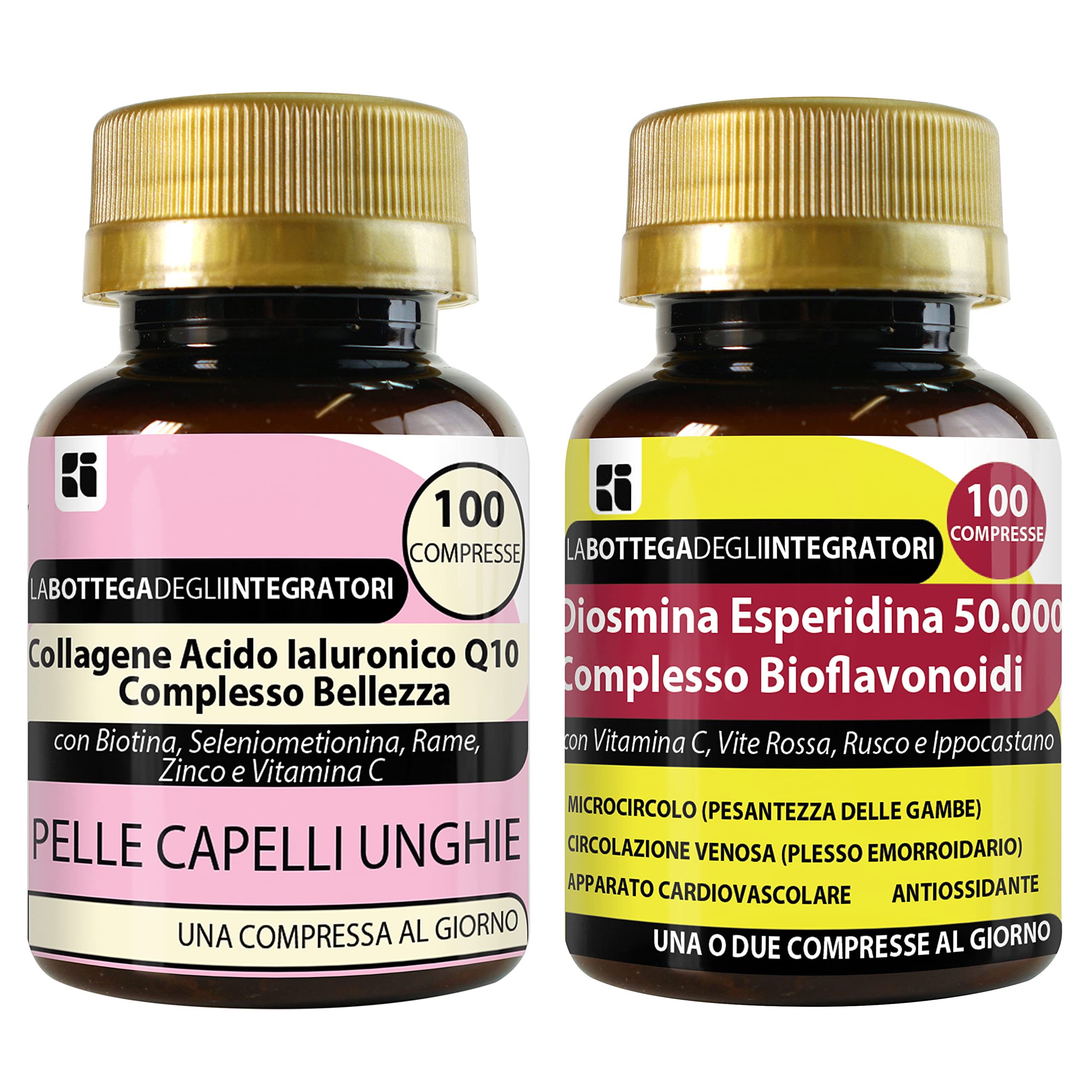 Set di Integratori Pelle Capelli Unghie + Antiossidante | Collagene Ialuronico Q10 Complesso Bellezza 100 compresse + Diosmina Esperidina Bioflavonoidi 100 compresse
