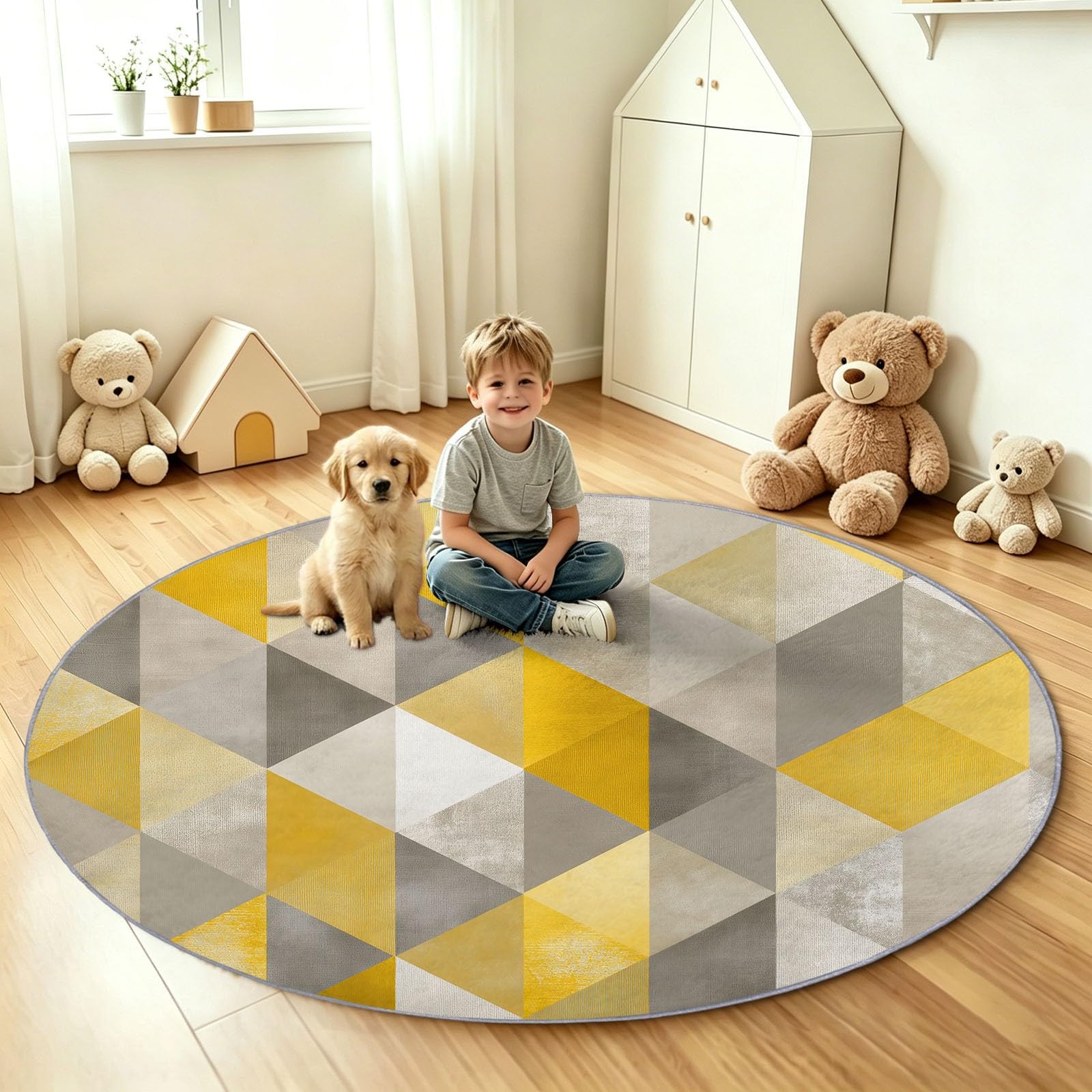 Tappeto rotondo lavabile, 90 cm / 3ft, motivo geometrico astratto, morbido, con stampa triangolare, a pelo corto, antiscivolo, per ingresso, soggiorno, camera da letto, accanto al divano e all'ufficio