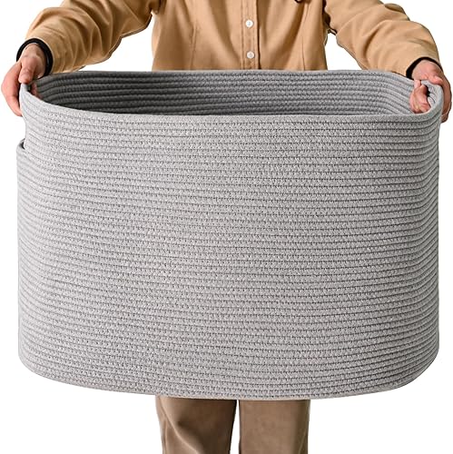 Miniatura 51 de Cesta grande para manta para sala de estar, canasta de almacenamiento rectangular, canasta grande para mantas, cestas de cuerda de algodón tejida