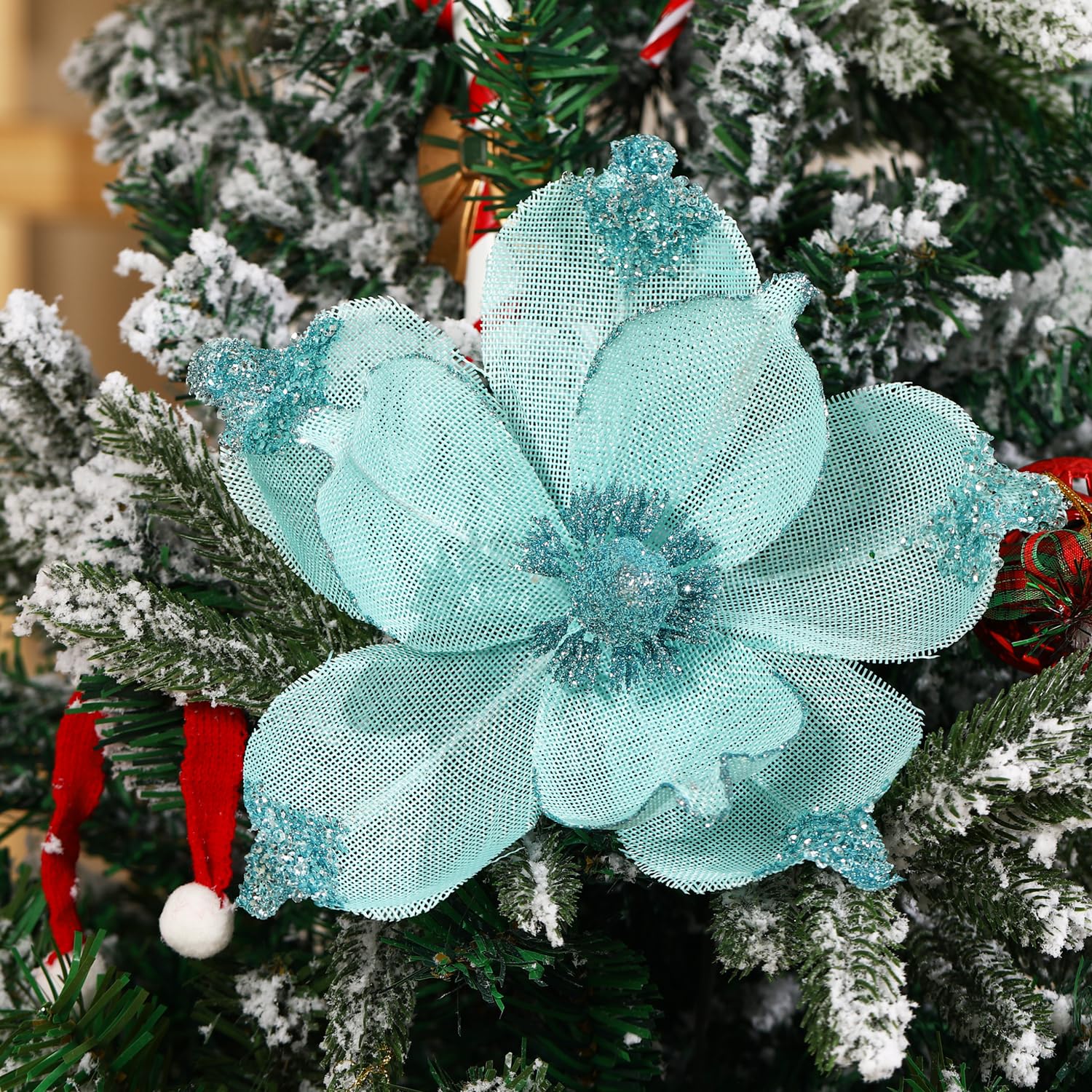 GL-Turelifes 6 fiori di magnolia artificiali glitterati più grandi da 25,4 cm, in velluto, pieghevoli, decorazioni per albero di Natale, Capodanno, feste, festival, matrimoni (verde scuro