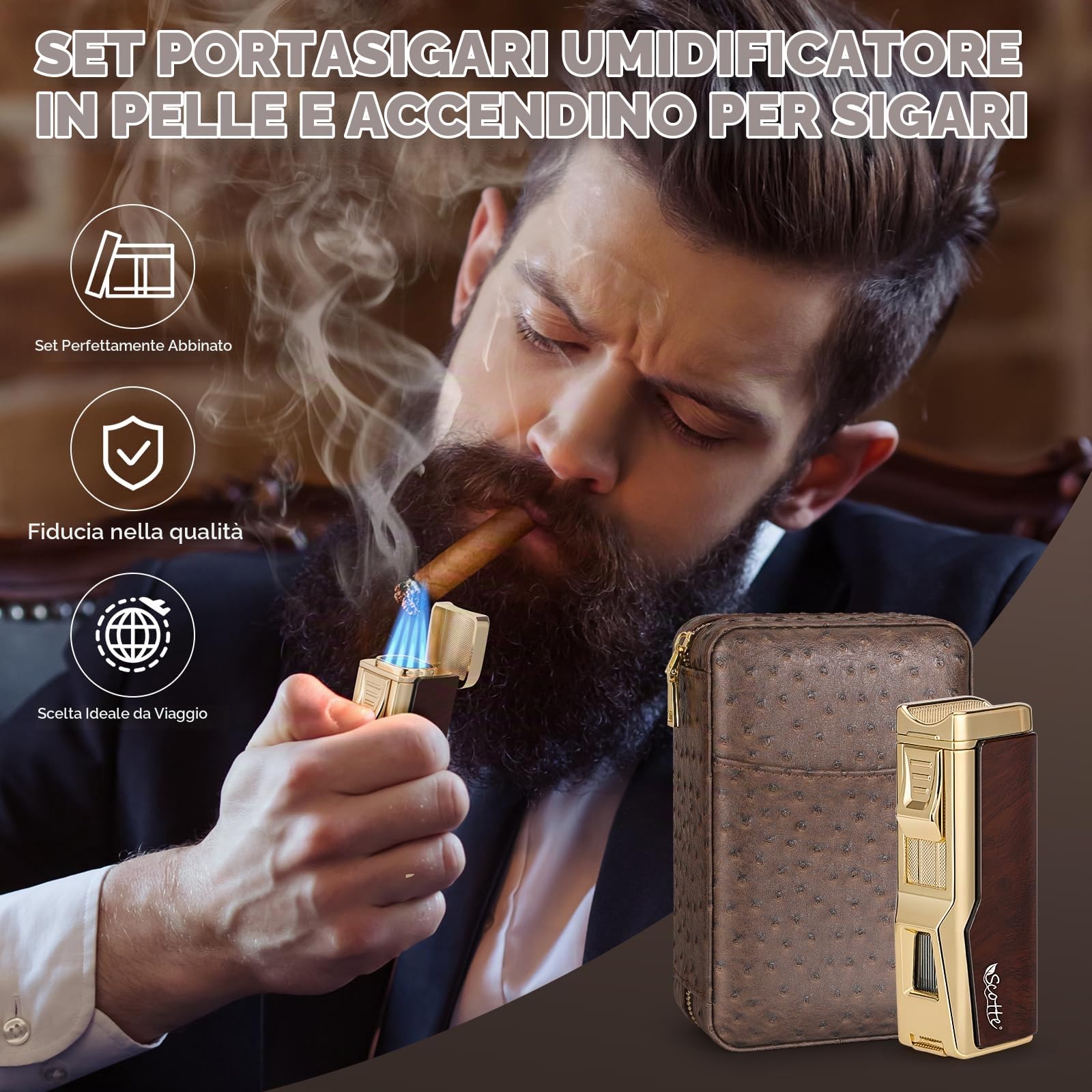 Scotte humidor per sigari, accendisigari per sigari, scatola di sigari in pelle con umidificatore e igrometro,accendino a butano con punzone per sigari, portasigari (senza butano)
