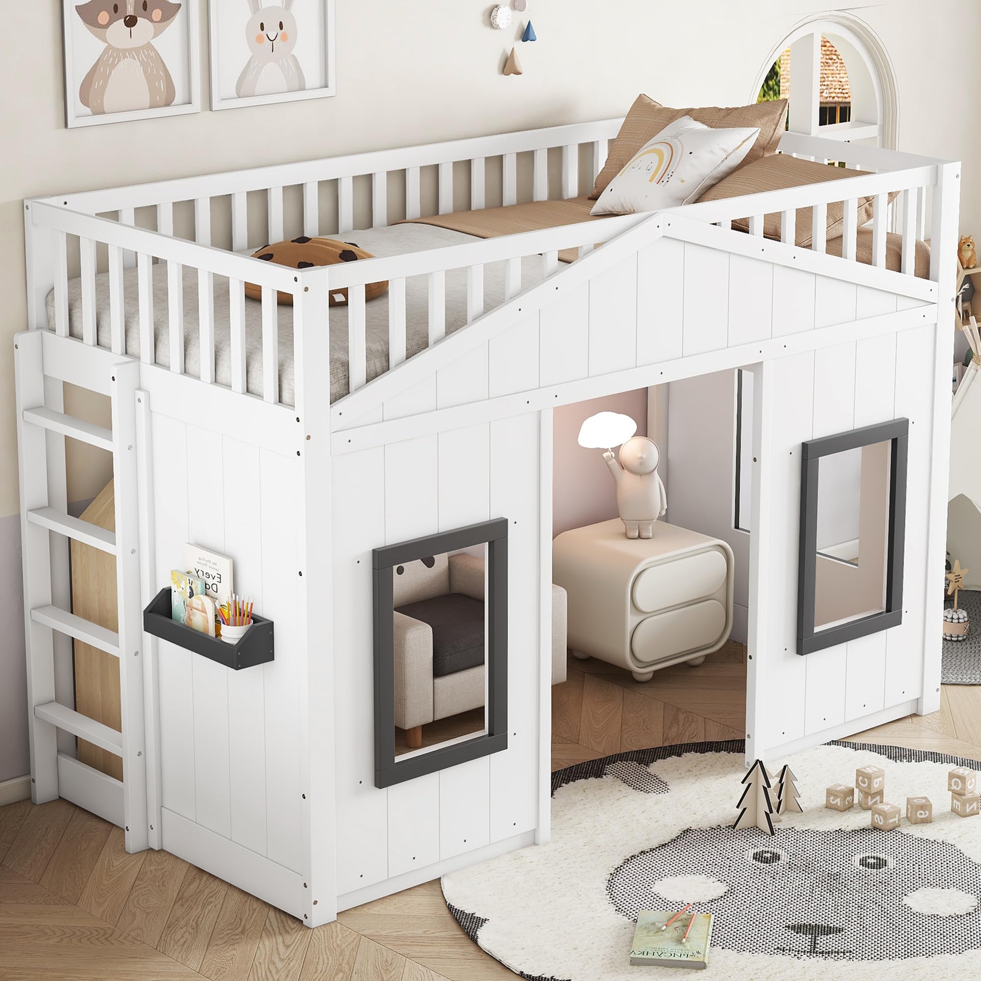 Kinderbett Etagenbett 90x200, Hausbett Hochbett mit Fenster & Regal, Bettgestell mit Rausfallschutz und Lattenrost, Funktionsbett Stockbett Spielbett Jugendhochbett, Kiefernholz, Ohne Matratze, Weiß