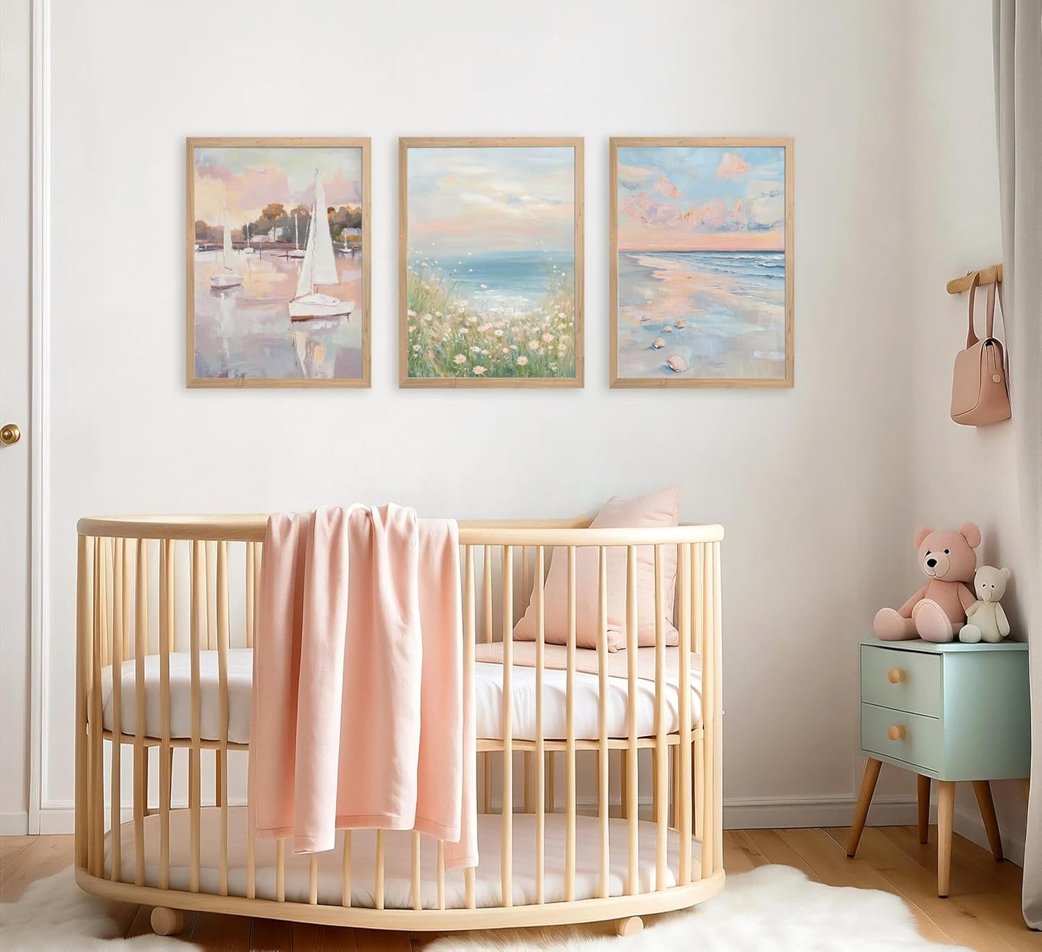 Luyeeteme Pink Coastal Beach Wall Art Set of 3, Unframed Preppy Coastal Posters for Room Aesthetic, Pastel Wildflower Ocean Landscape Prints, Summer Beach Pictures for Bedroom Decor.16x24 inch