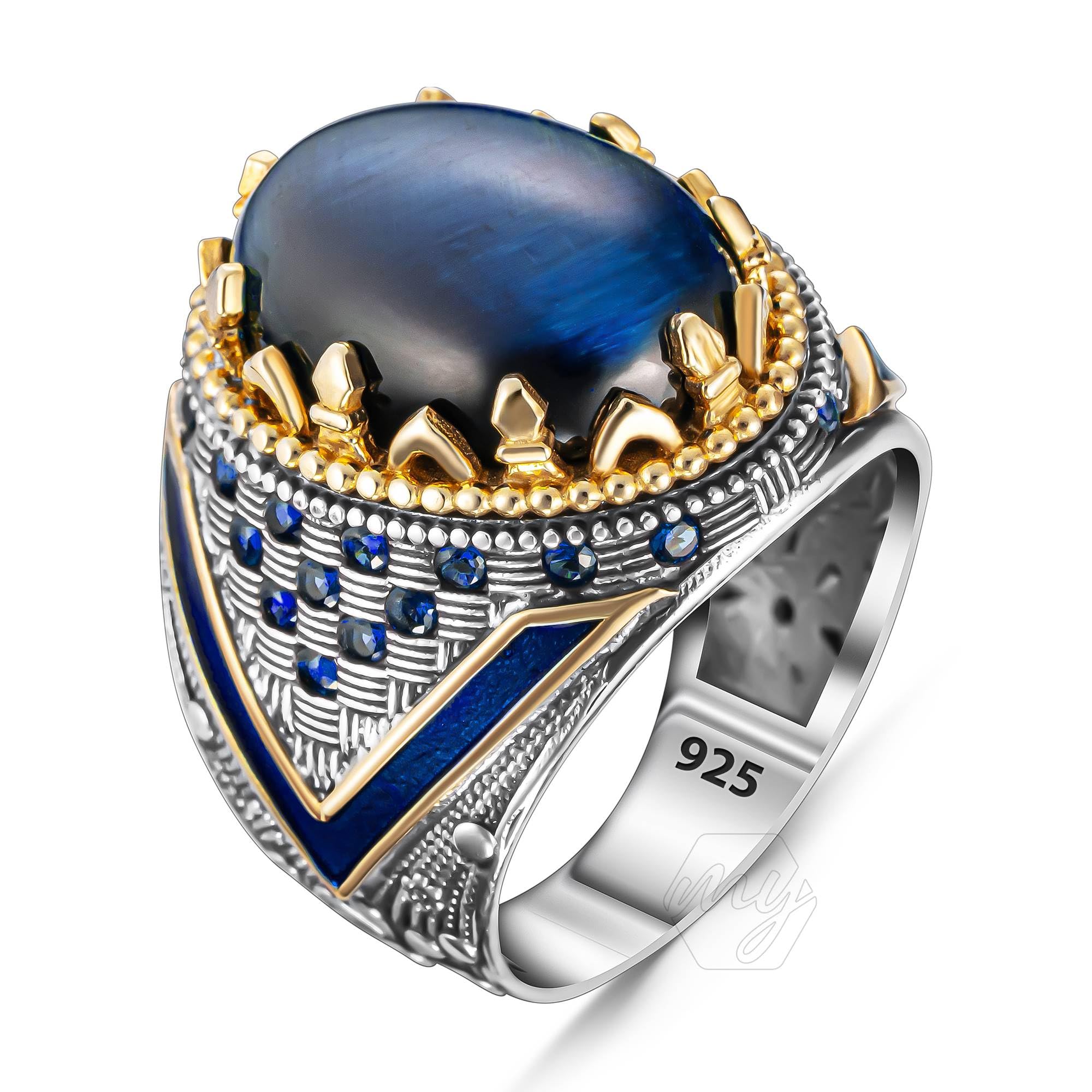 mysilverworld925 Sterling Silver Blue Tiger's Eye Stone Enameled Turkish Men's Ring