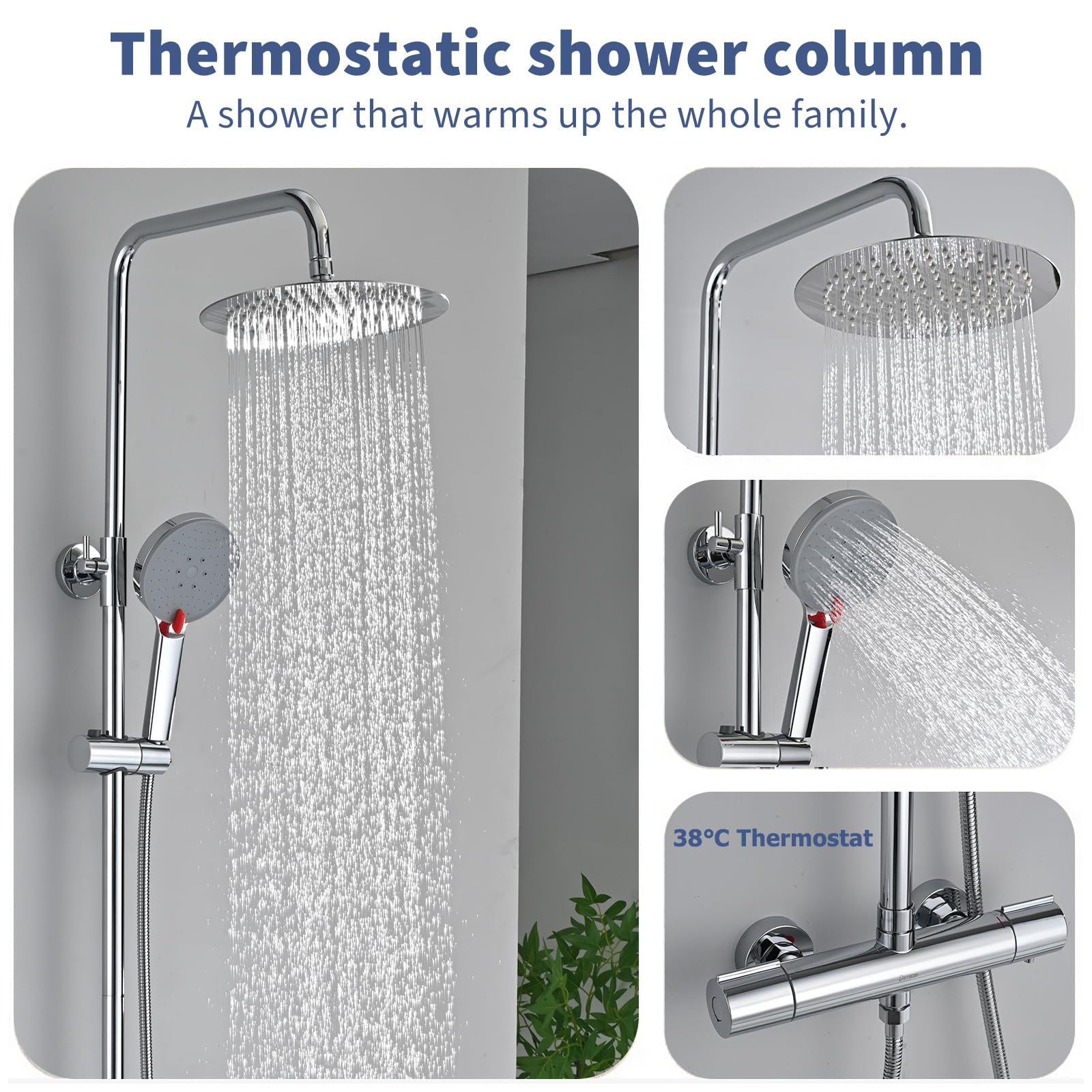 Colonna Doccia Termostatica con Miscelatore, DETBOM Set Doccia in Acciaio Inox 304 - Soffione Pioggia 25cm + Doccetta 3 Jet Autopulente, Kit Completo con Tubo 1.5m e Staffa Regolabile, Rotondo
