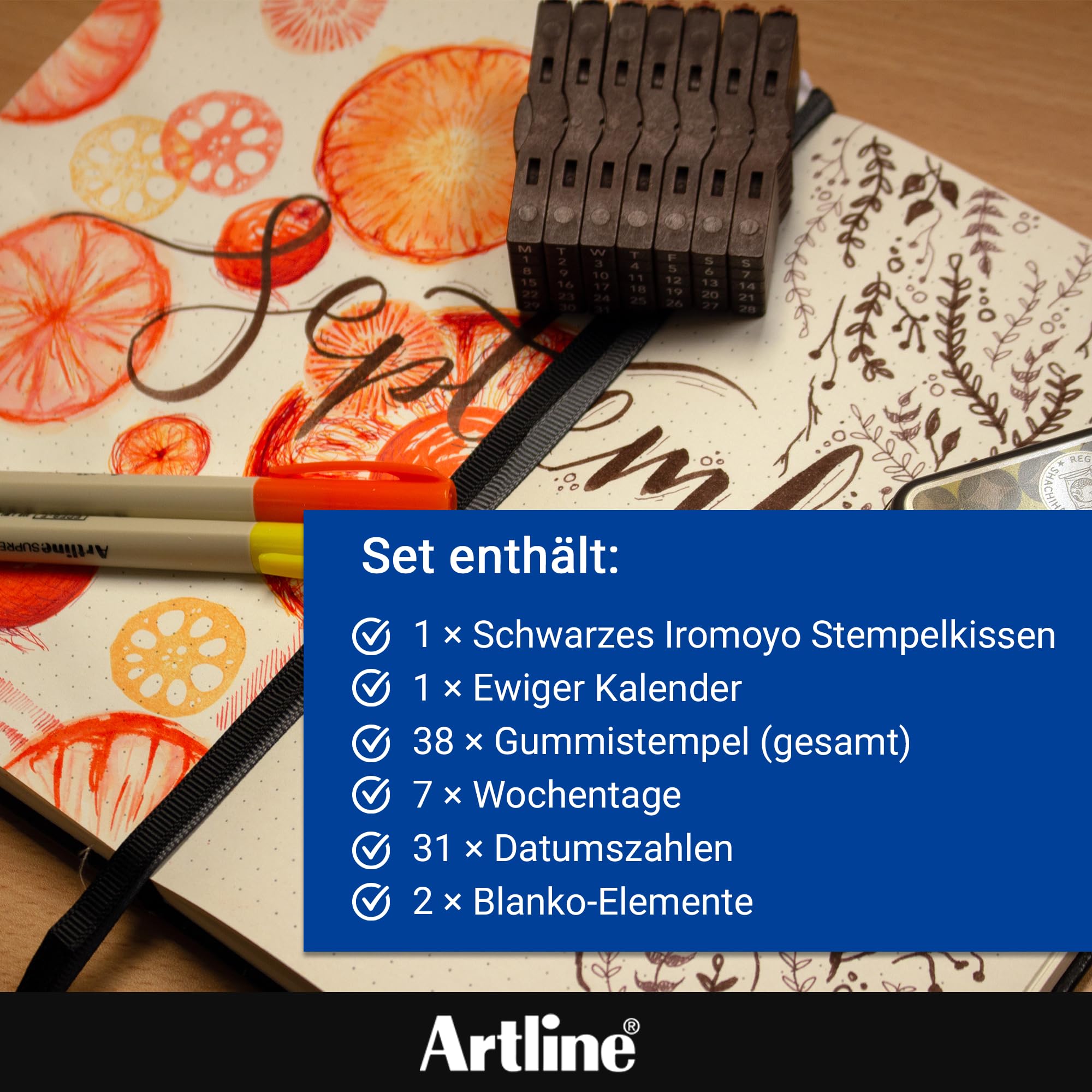 Artline Kalender Stempel & Iromoyo Stempelkissen Set (Schwarz) – Ewiger Kalender mit 7 Tagen, 31 Daten & 2 Blanko-Elementen, schnell trocknende wasserfeste ölbasierte Tinte – Artline Künstlerbedarf