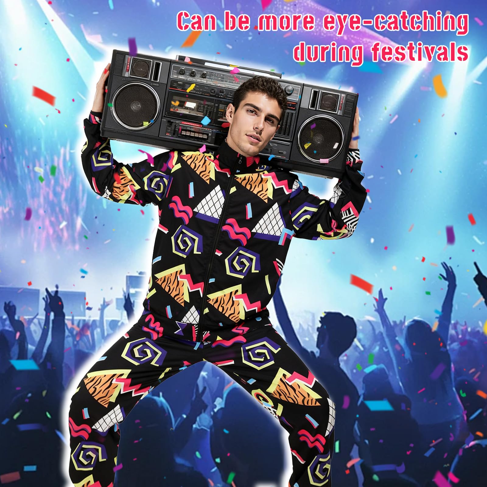 Lyxaof Adults 80s 90s Retro Hip Hop Tracksuit Fancy Vintage Costume Christmas Halloween Party Dress Up Outfit for Men Women (Black, M) - Image 3